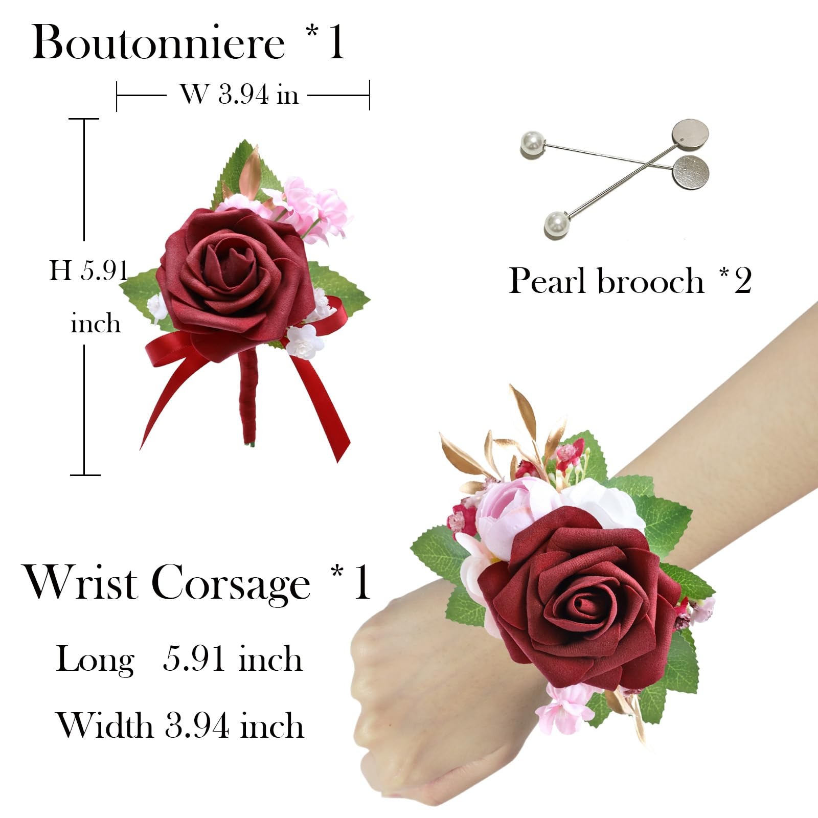 2 PCS Burgundy Red Artificial Foam Rose Wrist Corsage Boutonniere Set Prom