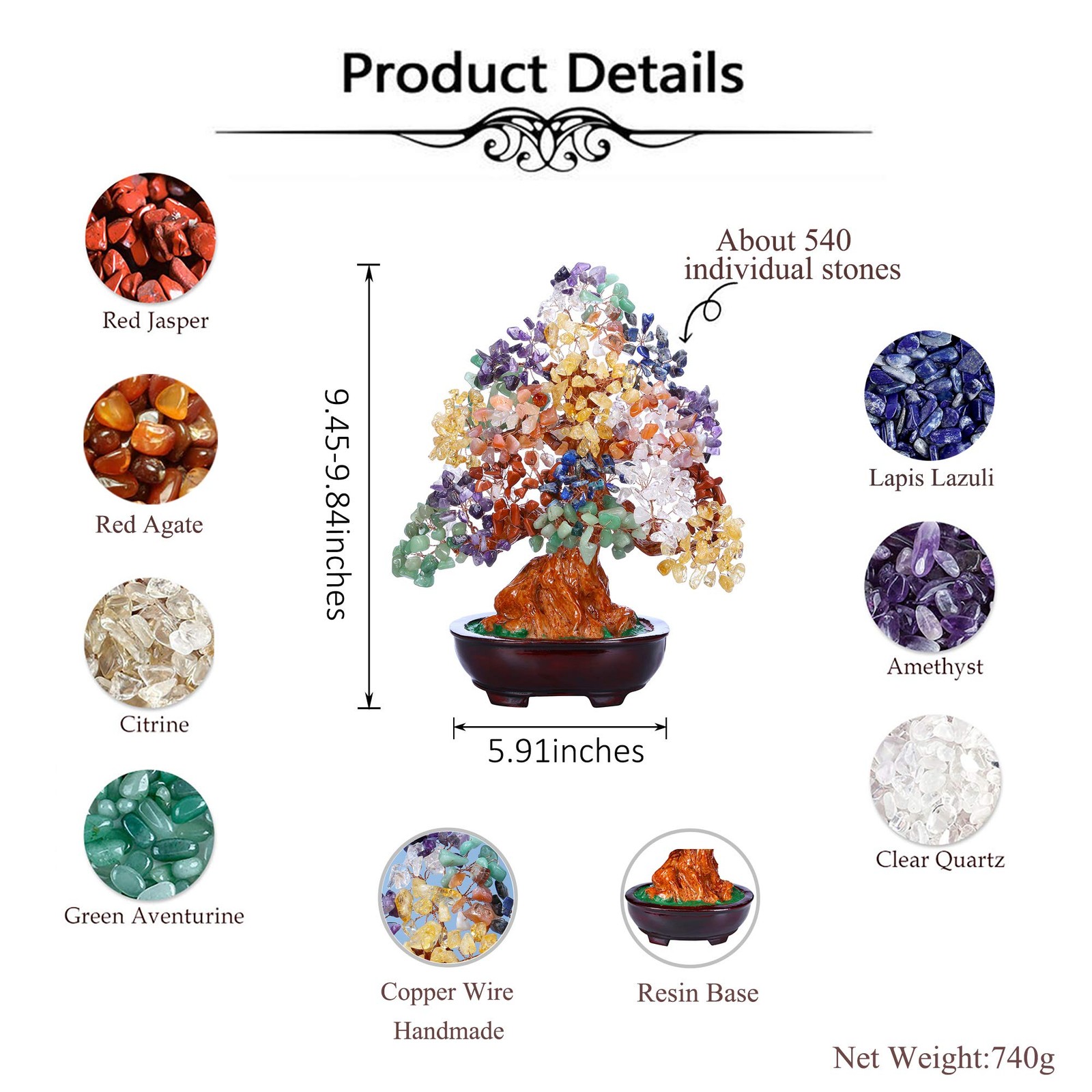 7 Chakra Healing Crystal Tree 10 Inch Stone Bonsai Tree Feng Shui Good Luck W…
