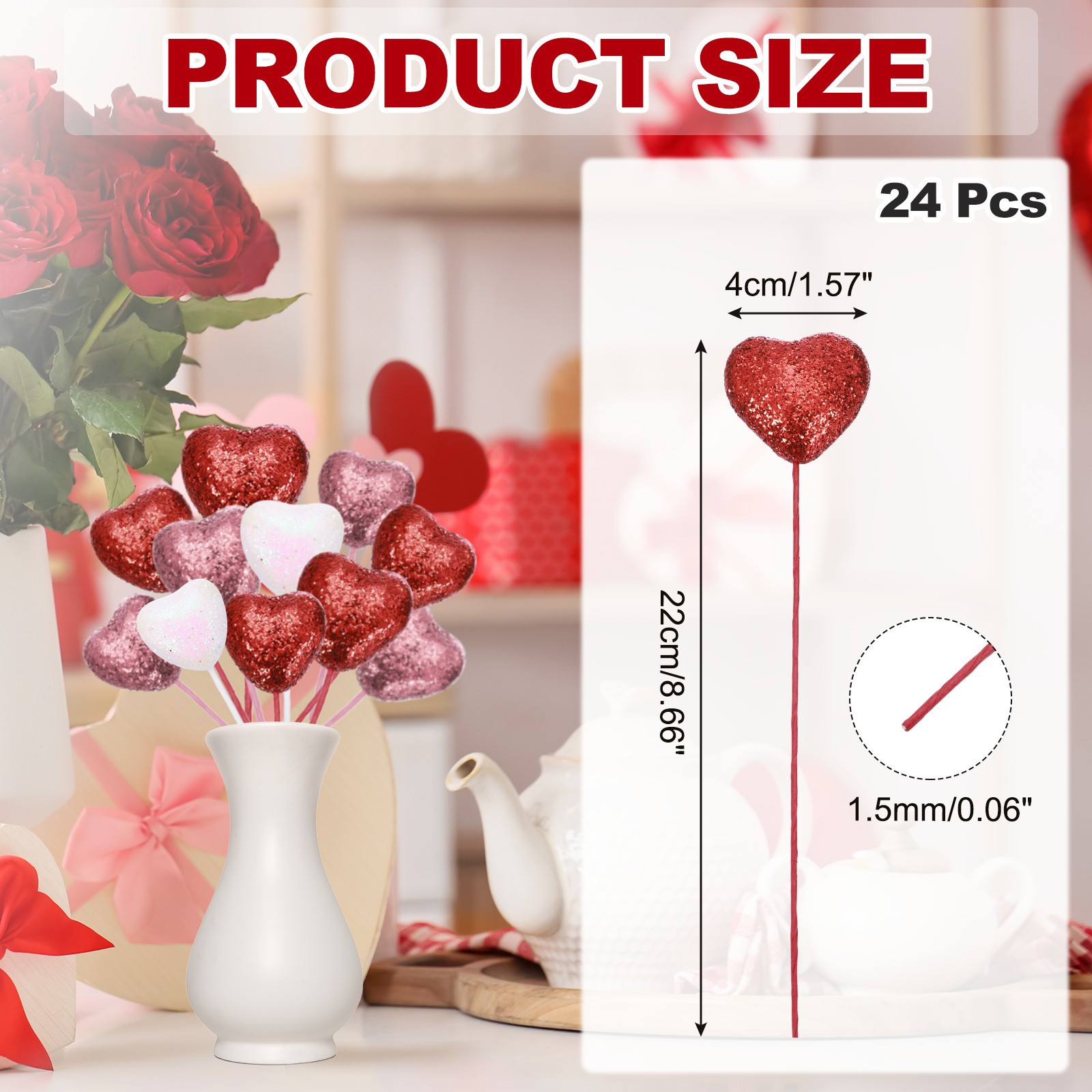 24 Pcs Glitter Heart Shaped Picks Puffy Foam Hearts Stick (Red, 4cm x 22cm)