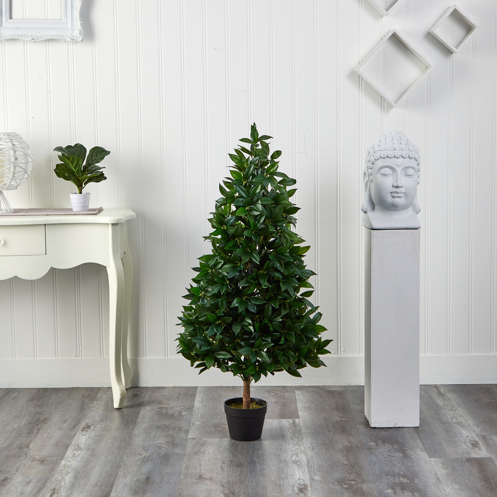 Indoor/Outdoor 48″ Bay Leaf Artificial Topiary Tree UV Resistant in Green/Black