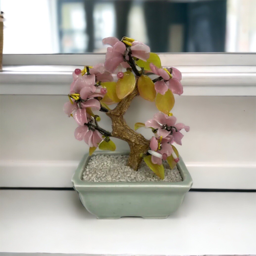 Glass Bonsai Tree Pink Flowers Artificial Plant Oriental Home Decor Vtg
