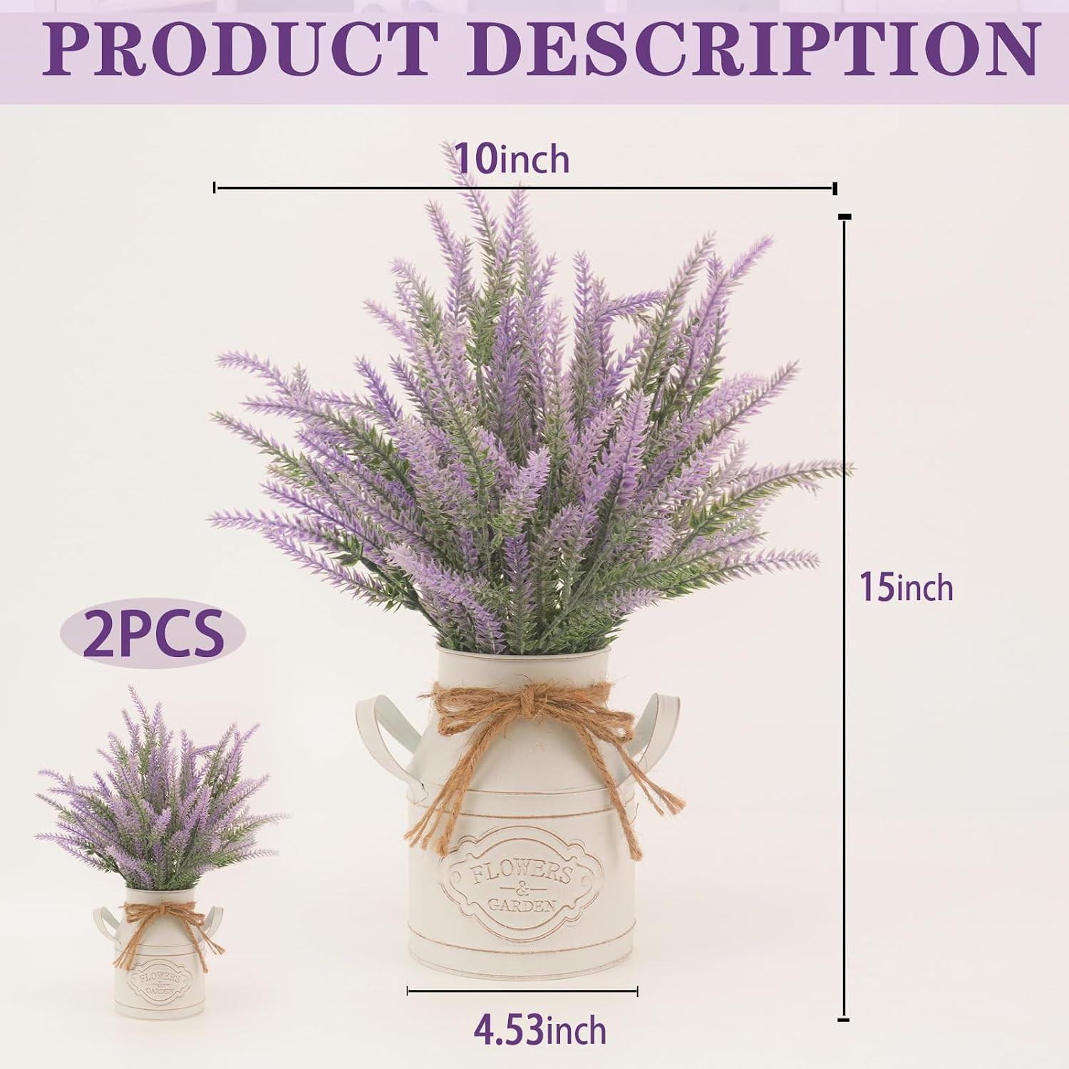 2Pcs Faux Lavender Flowers in Pots for Farmhouse Decor & Centerpieces