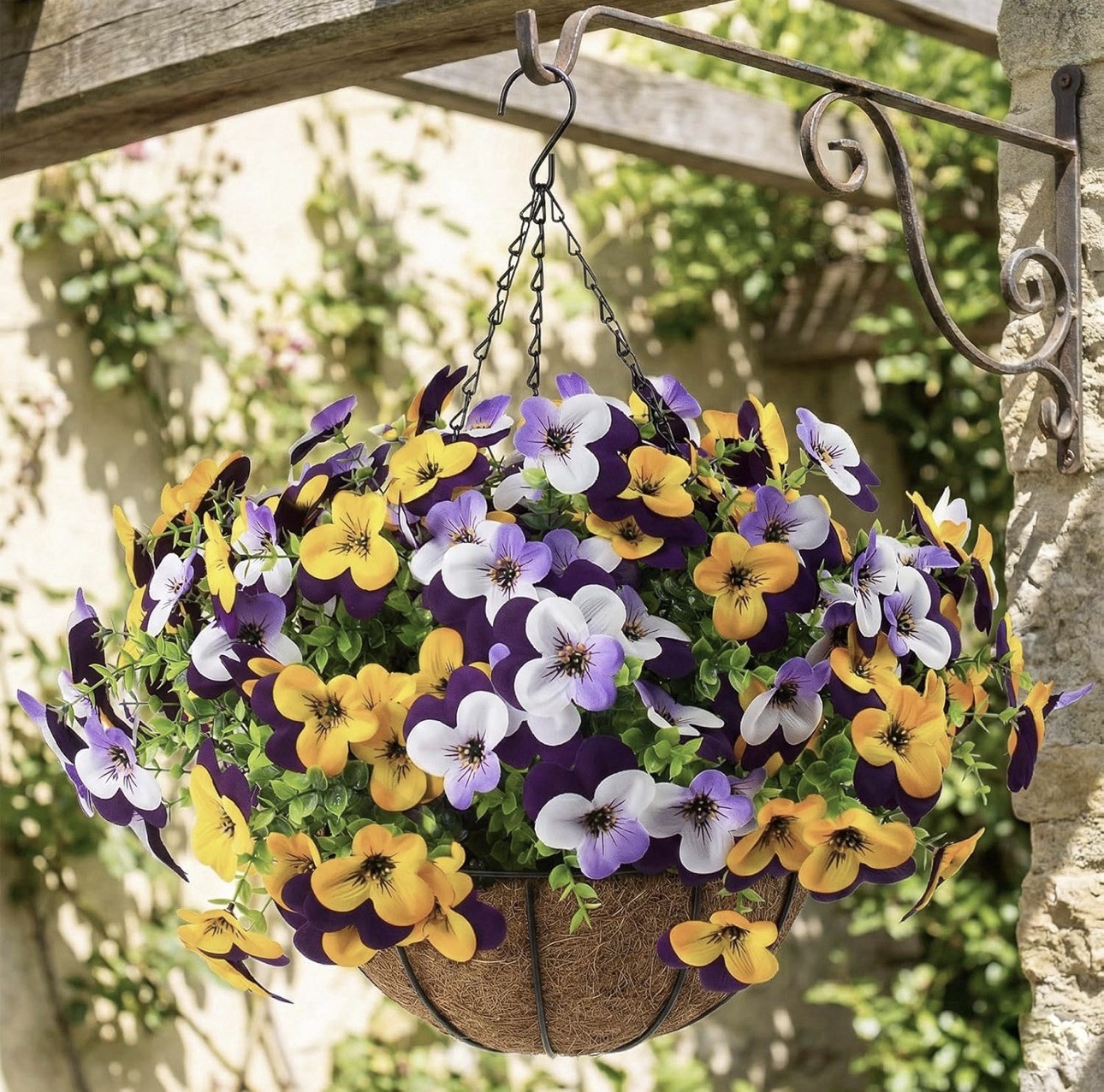 2 Set Artificial Outdoor Pansy Flowers with Hanging Baskets, 2 Hanging Baskets w