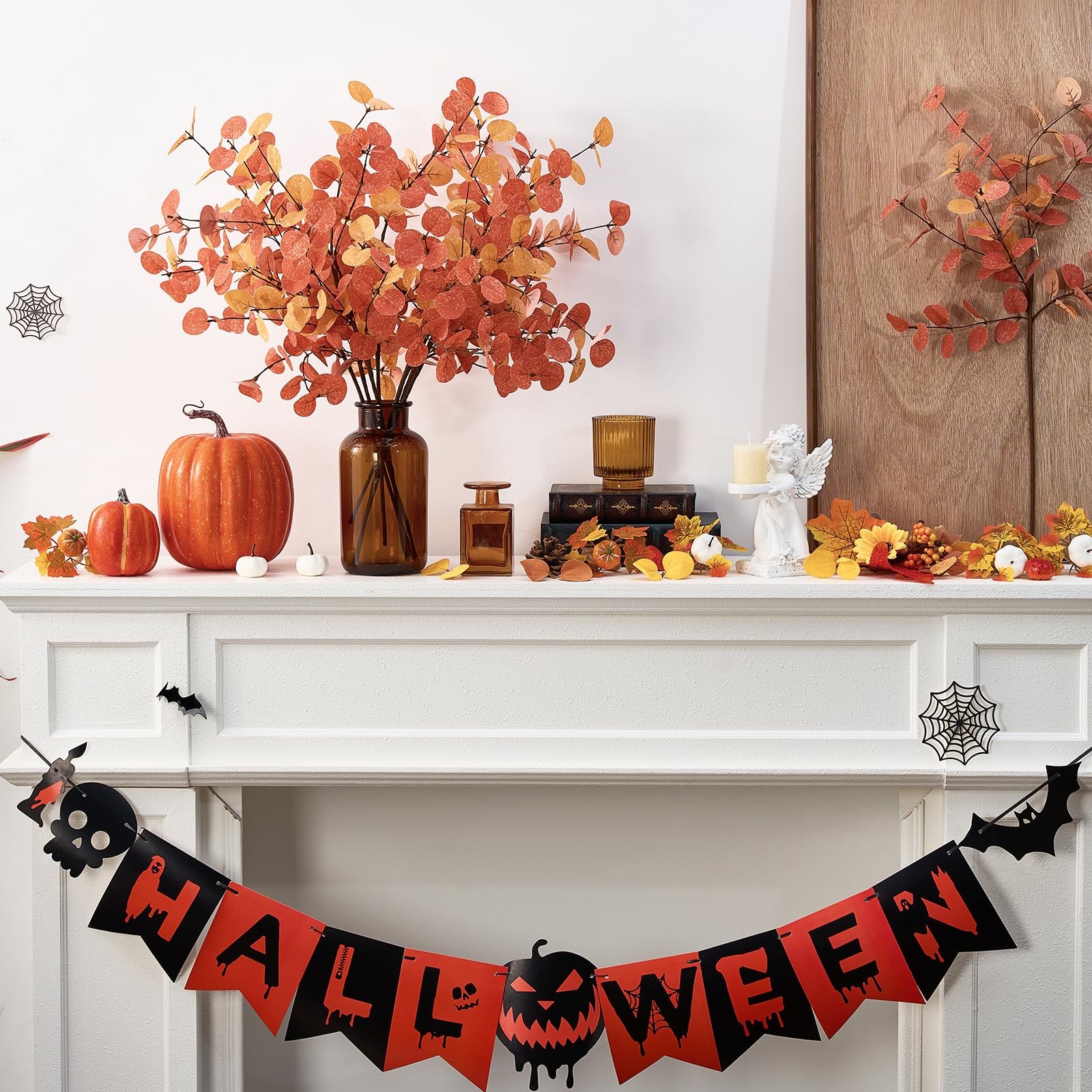 6 PCS Orange Artificial Fall Flowers Stems Autumn Decor, Fake Eucalyptus Leav…