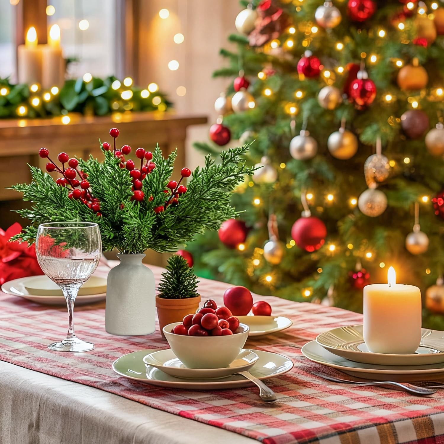 50 Pcs Christmas Artificial Pine Branches with Red Berry Stems, Fake Pine Nee…