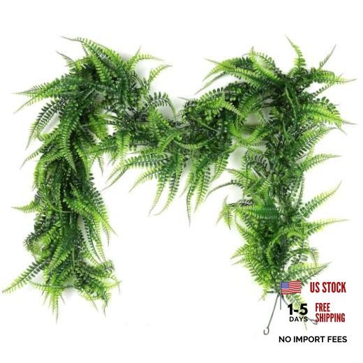 2Pcs 5.8Ft Artificial Boston Ferns Garland Fake Hanging Plant Green-fern2pcs