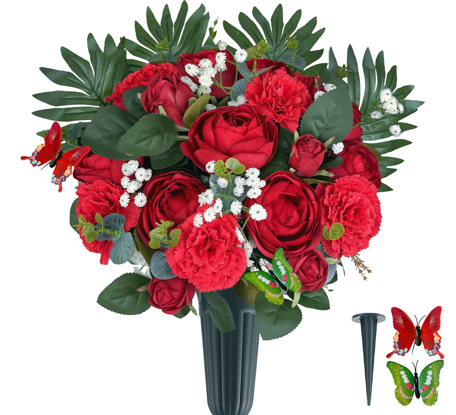 Artificial Cemetery Flowers with Vase for Grave Decorations,Rose Camellia Car…