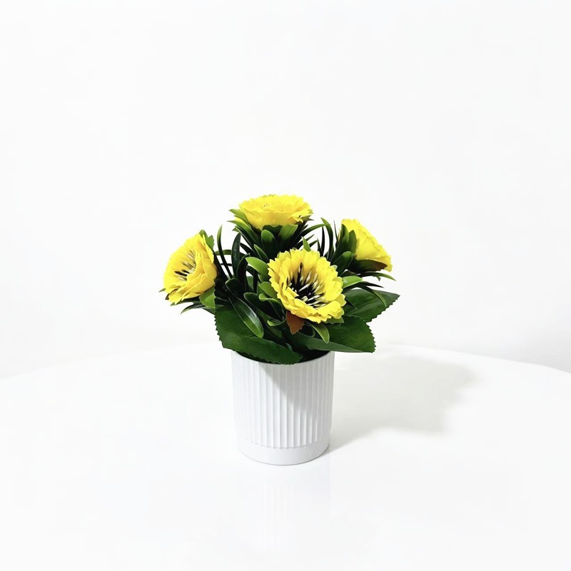 For Home Decor Faux Peony Daisy in Slim Ribbed White Pot for Small Area Styling