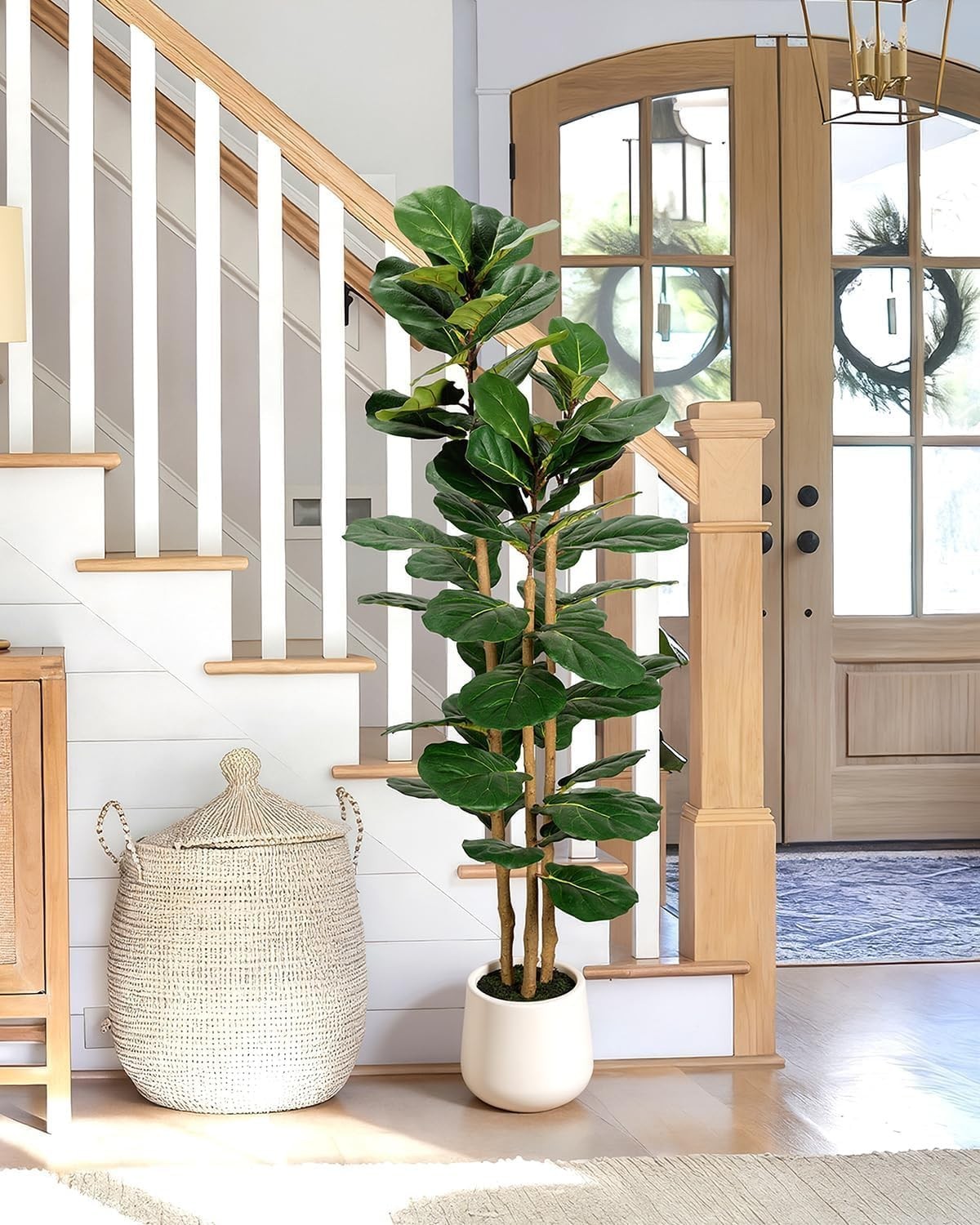 Artificial Fiddle Leaf Fig Tree Indoor Faux Plant with White Planter 5ft