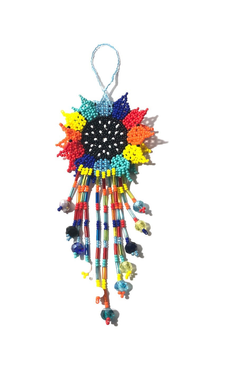 Hand Made Beaded Colorful Mexican Sunflower 5” Seed Bead Dangle Charm Ornament.