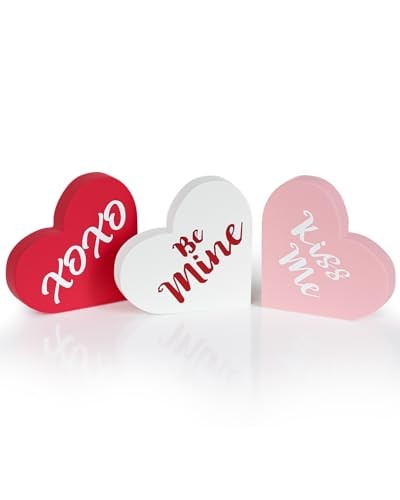 Valentines Day Decorations – 3 Pcs Large Wood Heart Shape Signs, Conversation