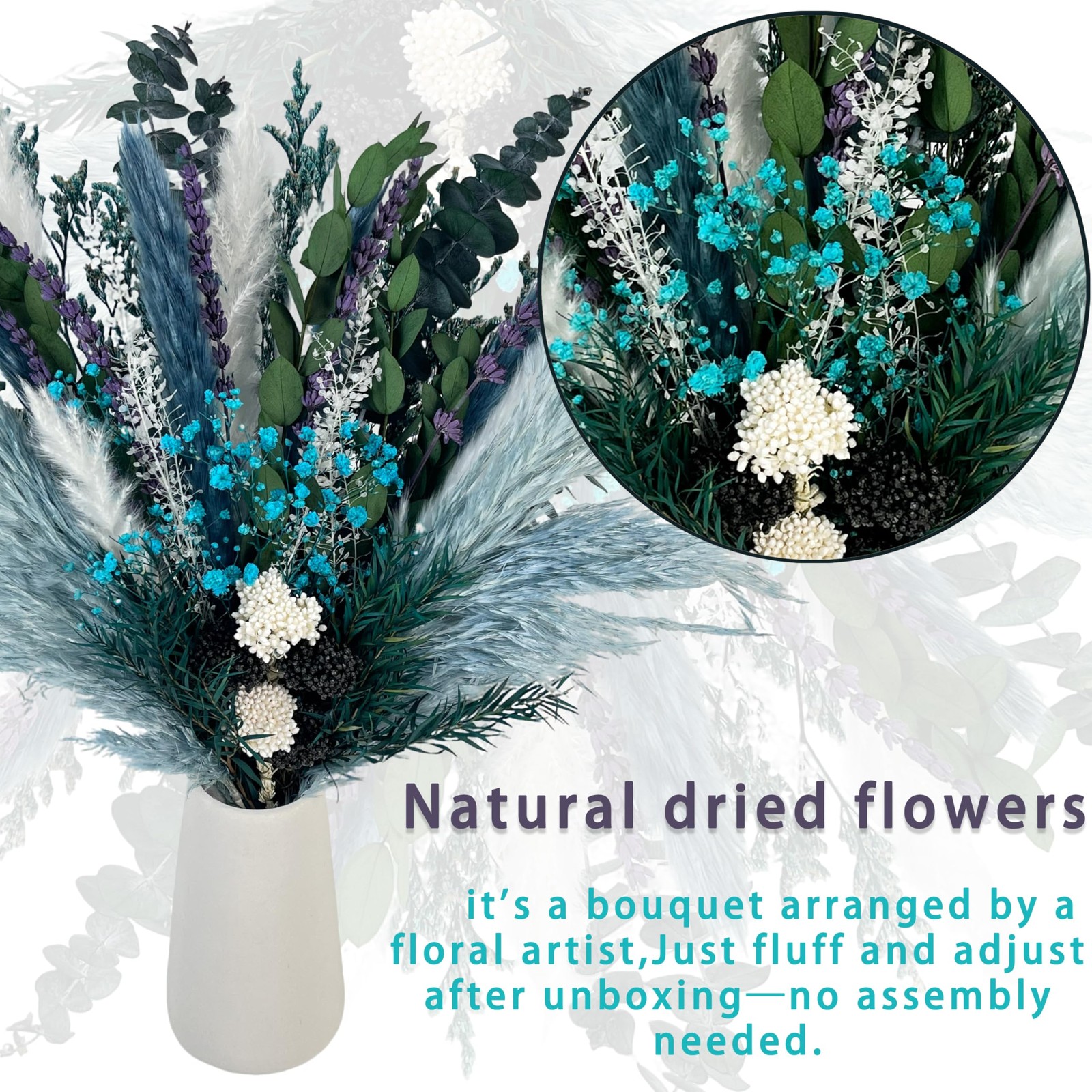 Dried Flower Bouquet 17″ Teal Pampas Eucalyptus Lavender Boho Rustic Decor