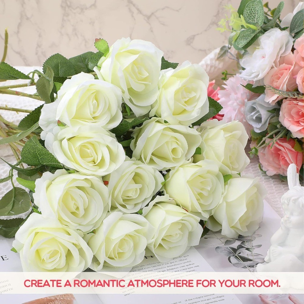 100 Long Stem Artificial Silk Roses Bouquet Bulk White Realistic Fake Flowers