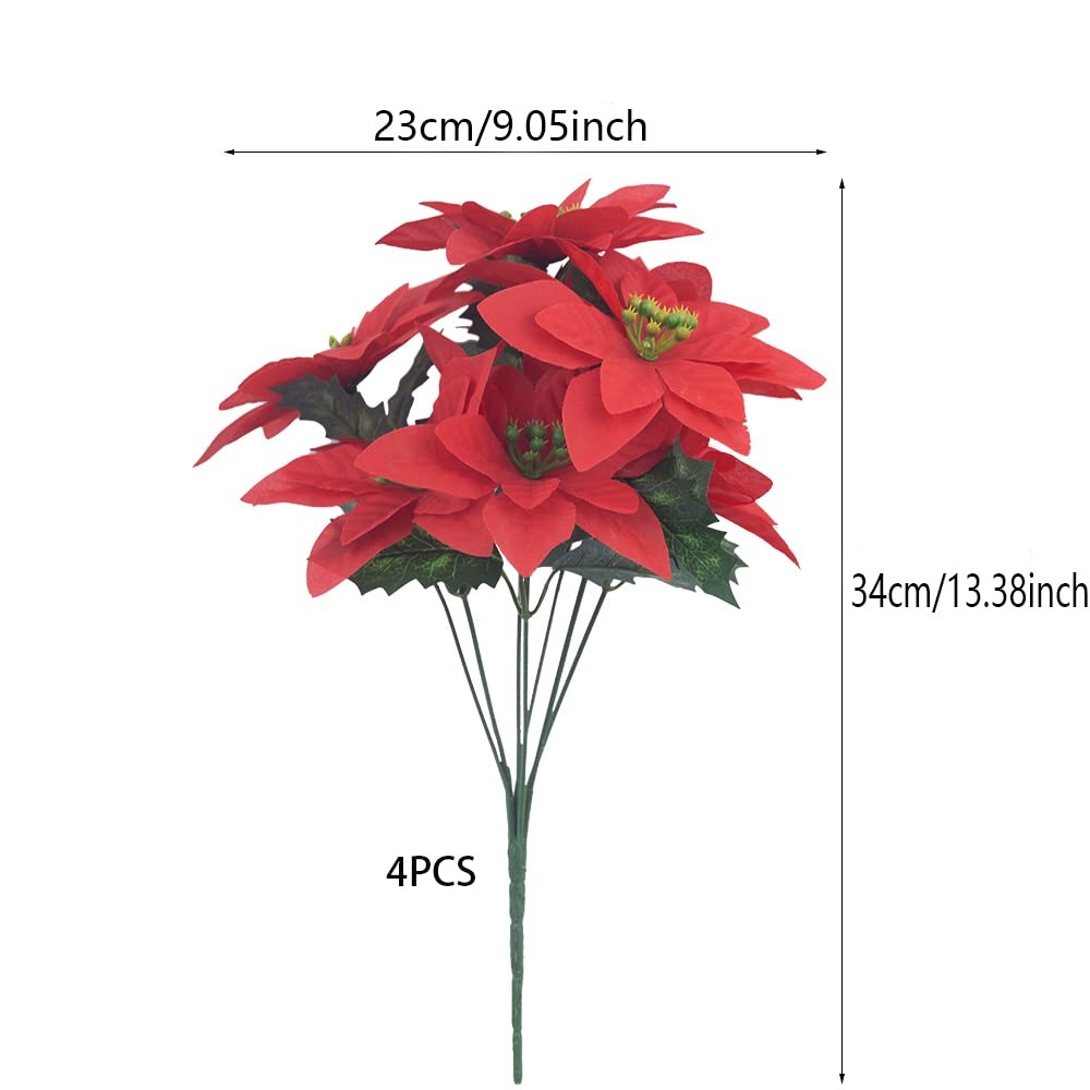 Red Artificial Poinsettia Flowers Winter Christmas Floral Bouquet 4 PCS
