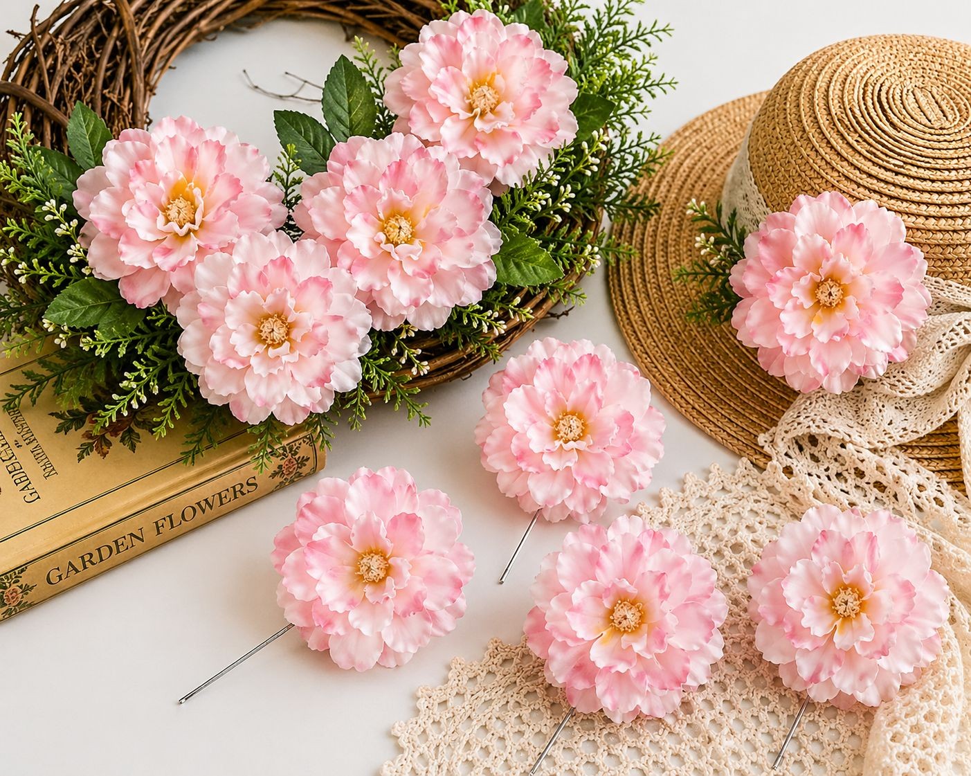 Blush Pink Peony Flower Picks Set of 8 Soft Pink Blooms Wired Floral for Wreaths