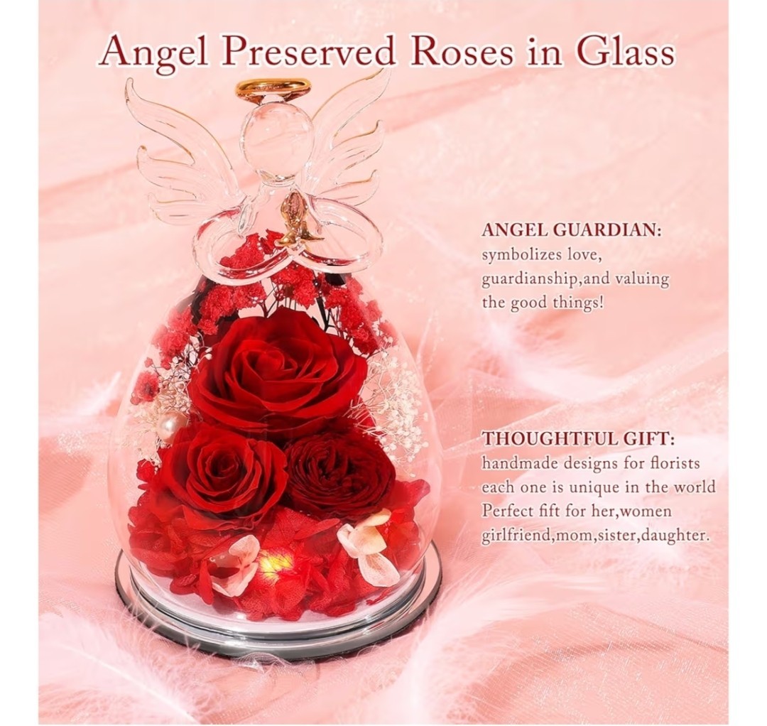Glass Angel Figurines Real FlowersRed (Rose, Austin, Baby’s Breath, Hydrangea