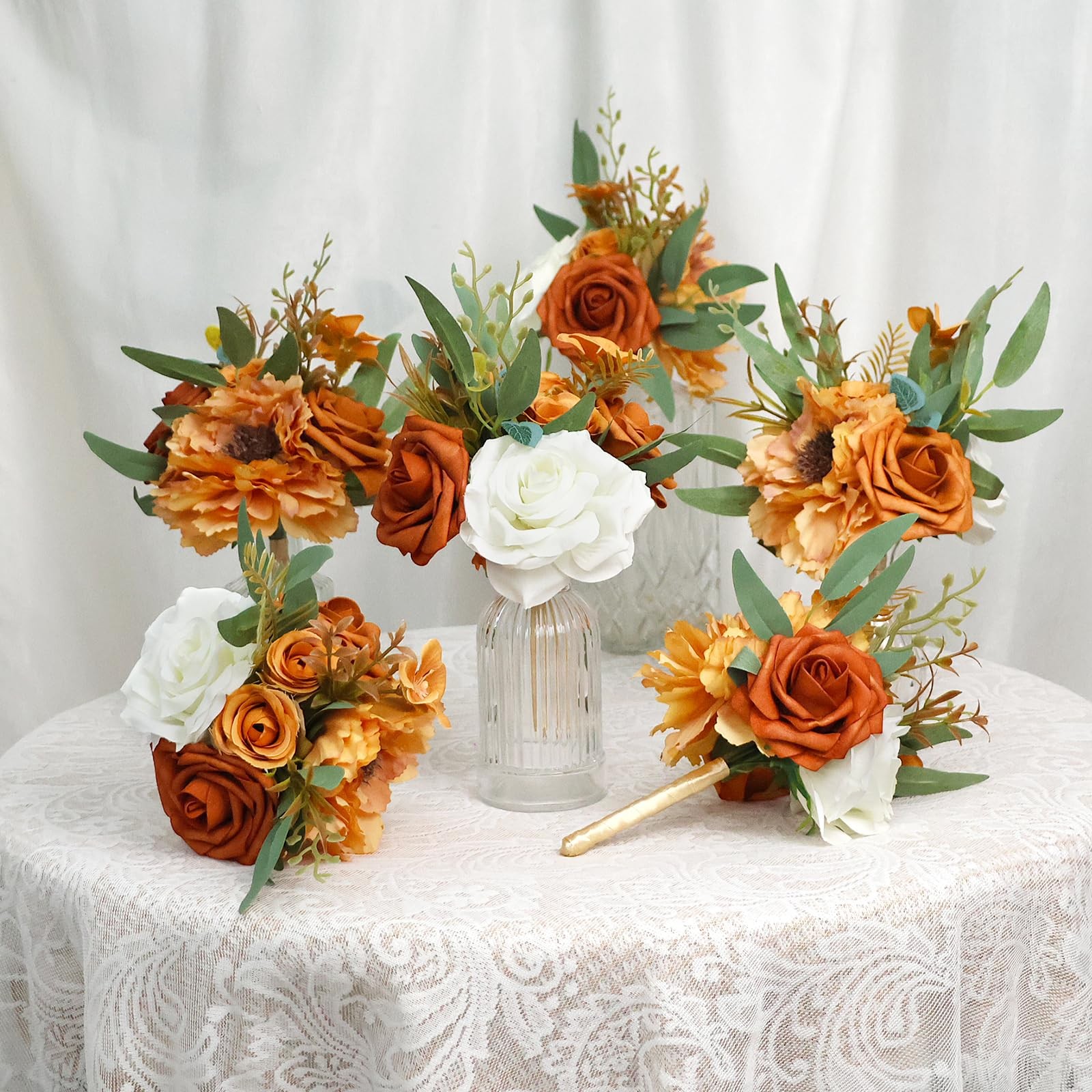 Fall Flowers Mini Bridesmaid Bouquets Set of 6 Table Decoration Burnt Orange …