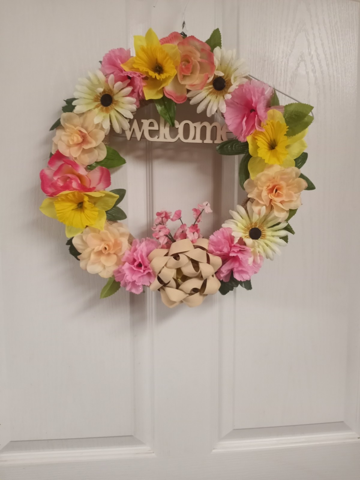 Homemade 14″ Artifical flower Spring Summer Welcome Floral Burlap Door Wreath