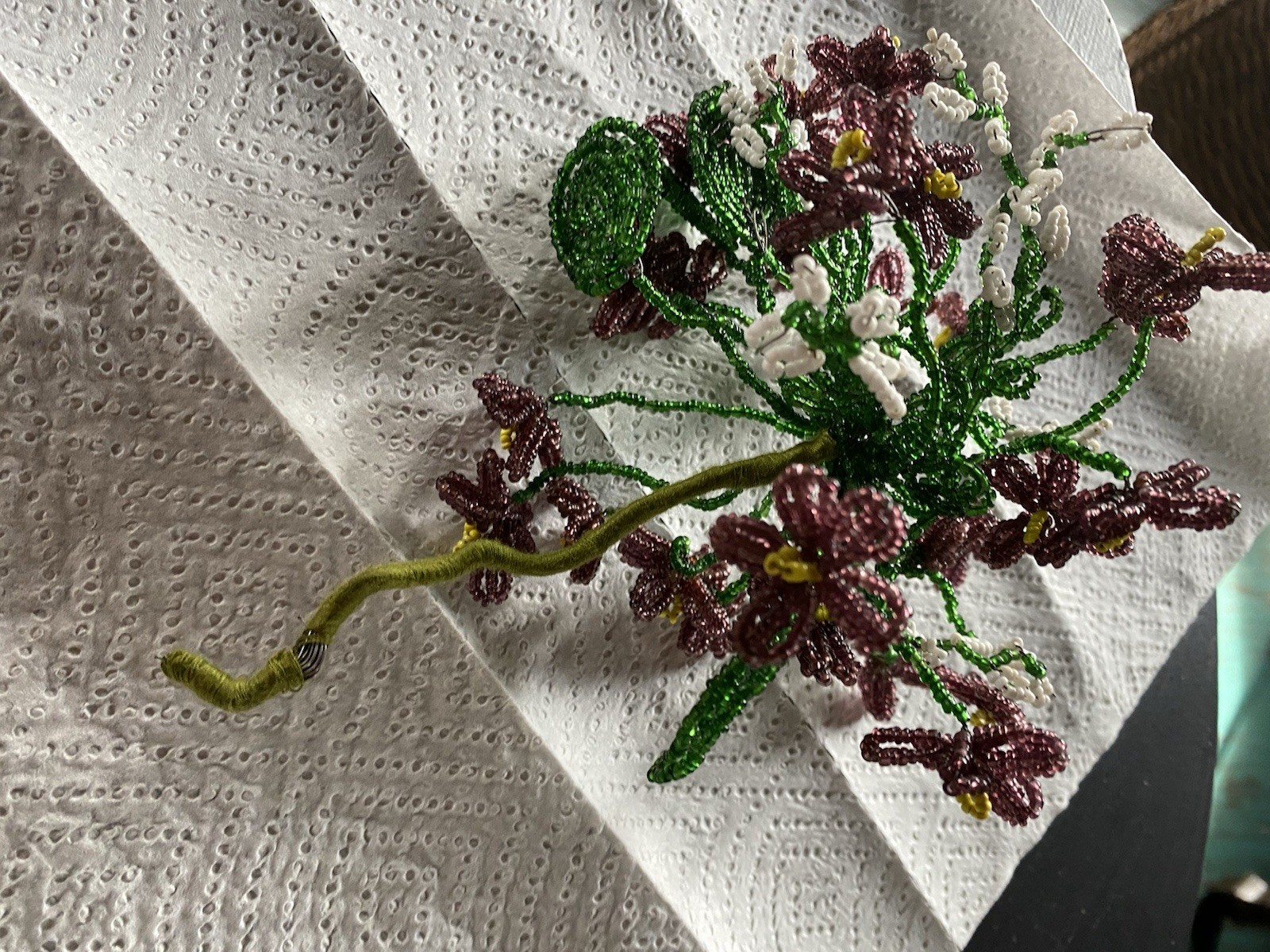 Vtg French Glass Beaded Purple Green Yellow Flower Bouquet Floral Arrangement