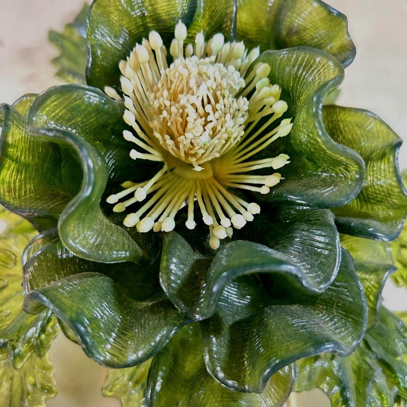 Crystalin 1966 Vintage Lucite Resin Flower Sculpture Olive Green MCM