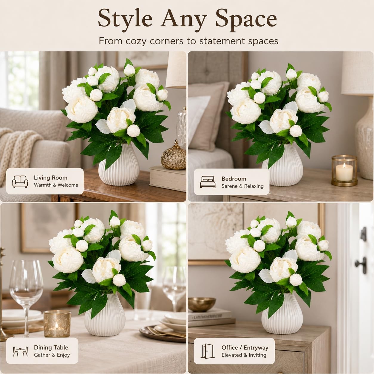 Cream White Peonies Artificial Flowers, 6 Pcs Silk Peony Bouquet