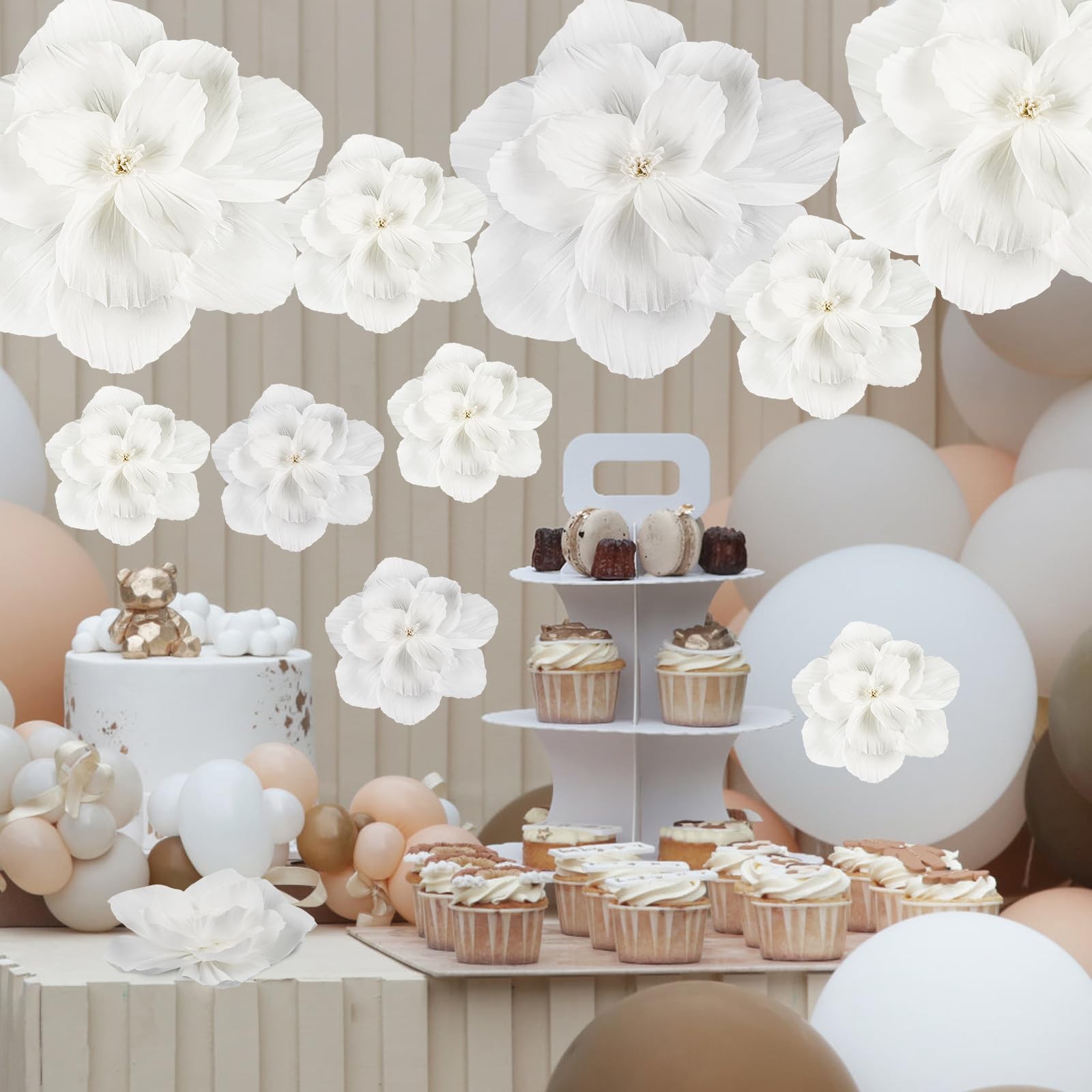 20 PCS Giant Paper Flowers Wall Decor 24″ 12″ 8″ Tissue Wedding Backdrop White