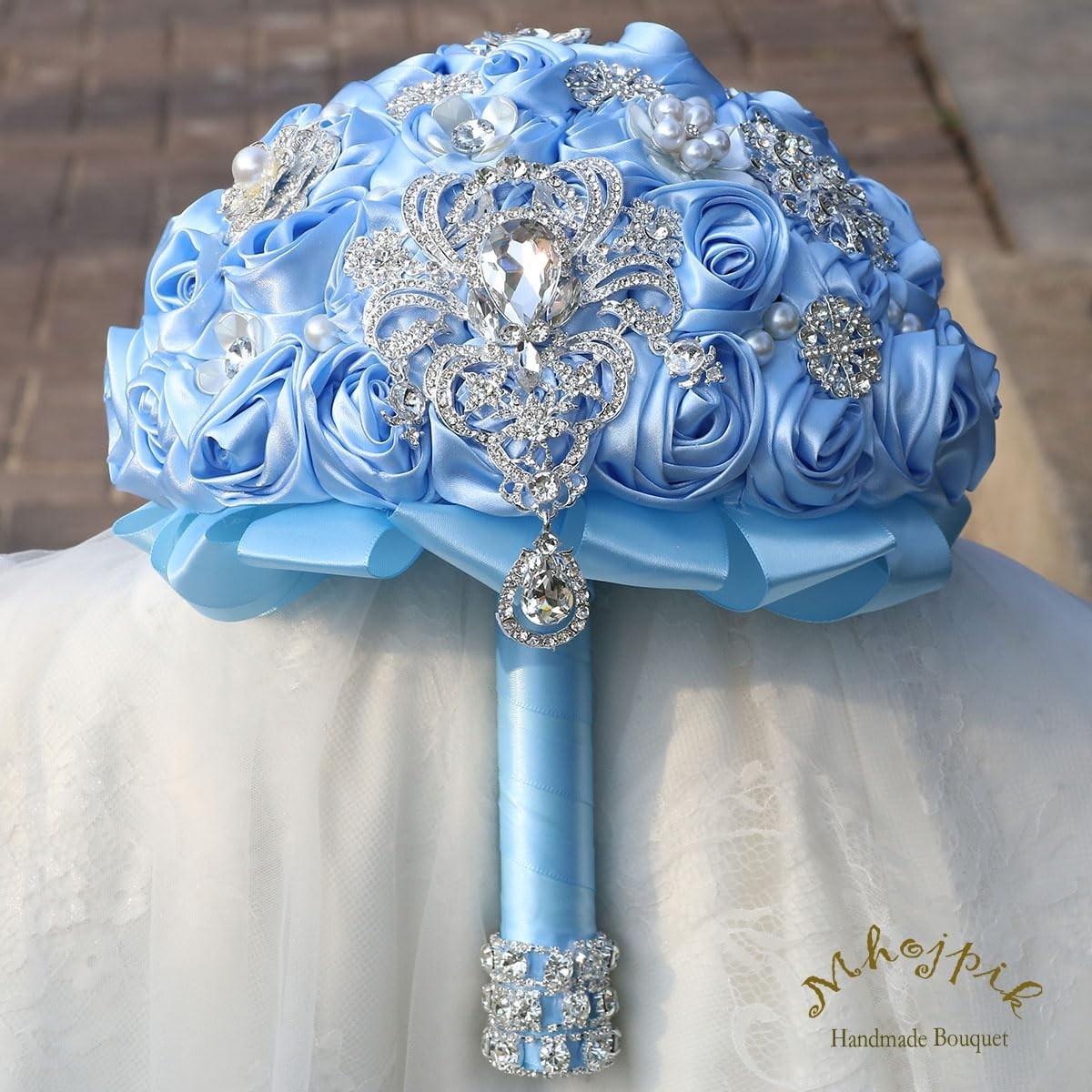 Bridal Wedding Bouquet Round Bling Brooch Bouquet Artificial Rose Flower Bunc…
