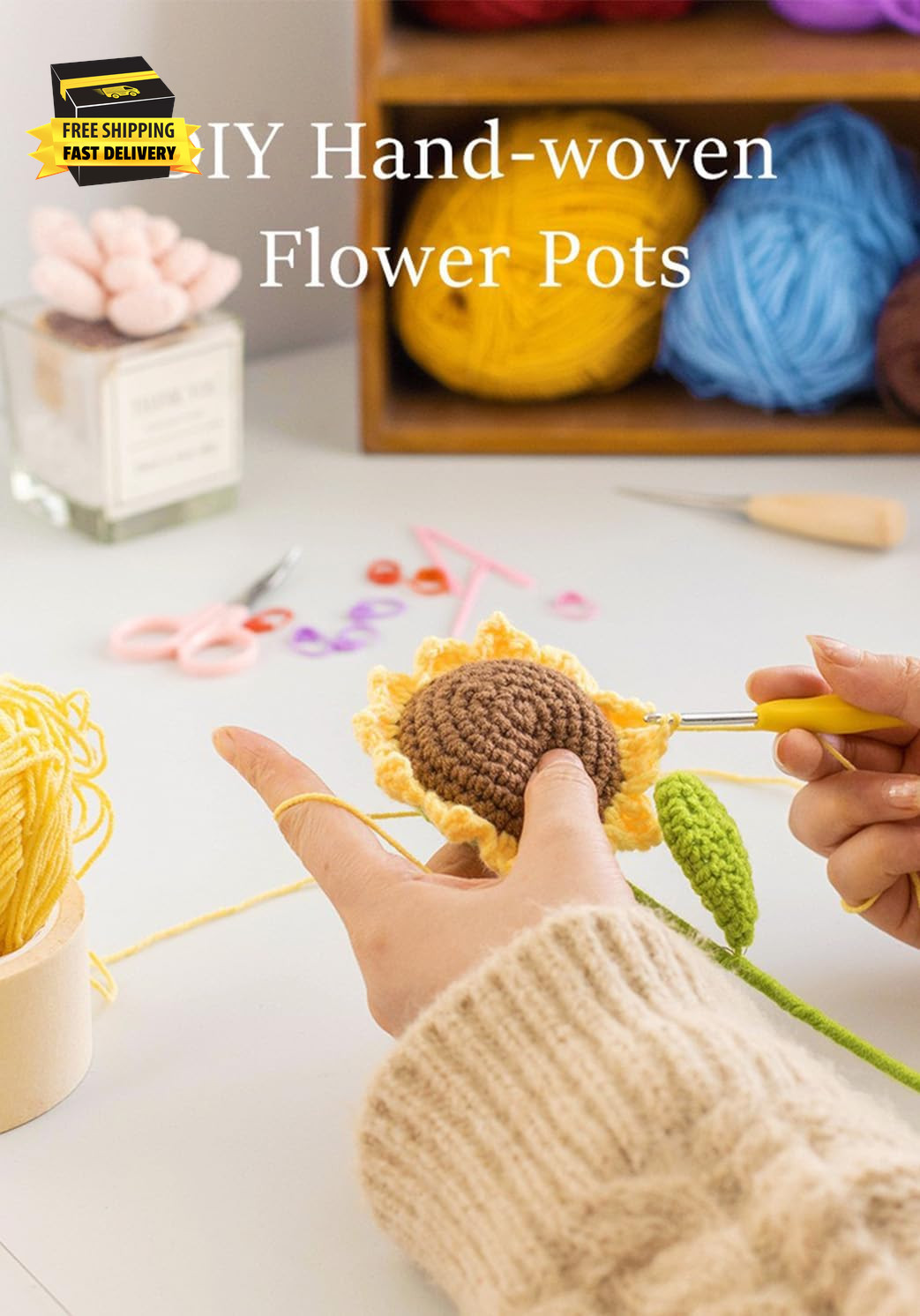 Crochet Sun Flowers Potted Flower, Handmade Knitted Sun Flores Birthday Gifts fo