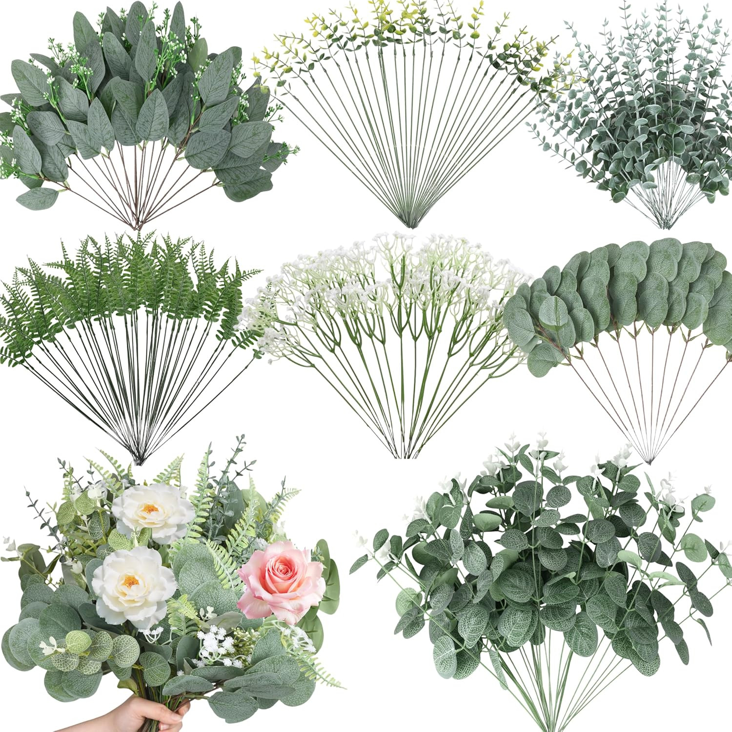 150 Pcs 7 Kinds Mixed Artificial Eucalyptus Leaves Stems Bulk, Fake Greenery Pla