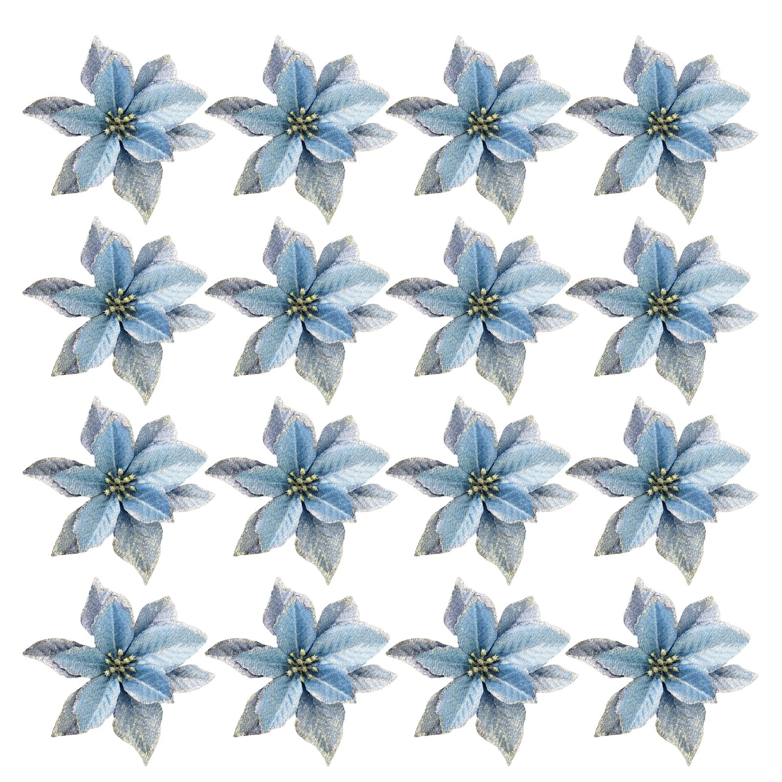 Christmas Glitter Poinsettia Christmas Tree Ornaments Decoration Blue 12 PCS