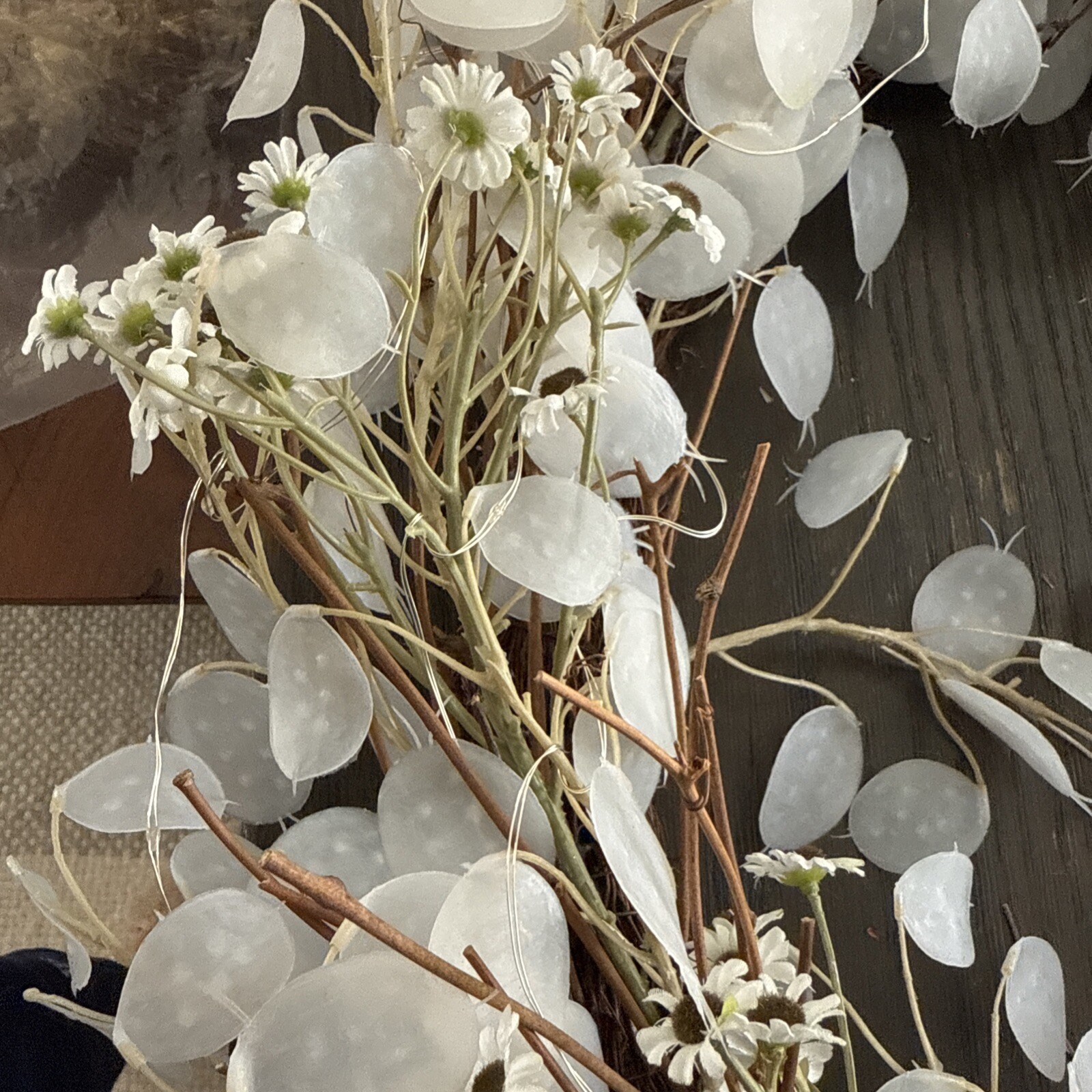 Dried Look Translucent Bleached Lunaria Wreath W/ Lights
