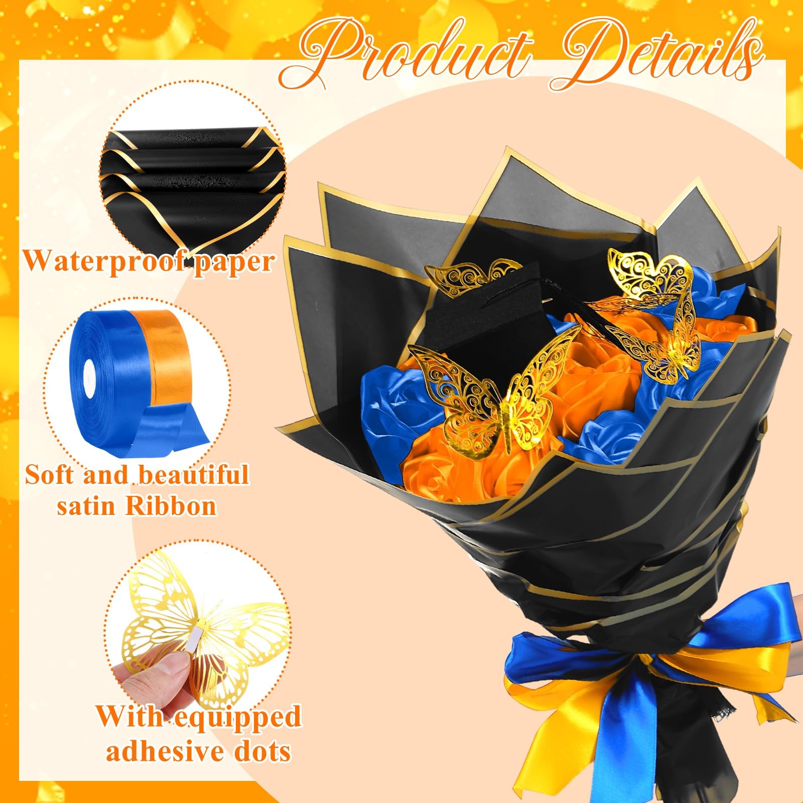 DIY Graduation Bouquet Kit 75 Pcs Flower Wrapping Paper, Ribbon & Decor