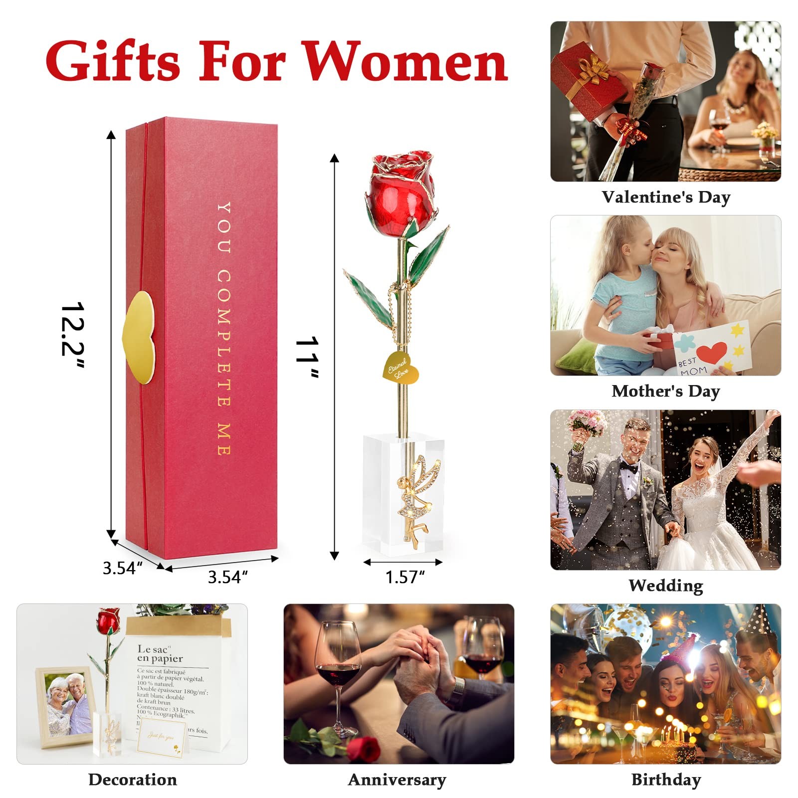 24k Gold Dipped Real Rose, for Mom/Women, Forever 24k Rose with Crystal Stand, H