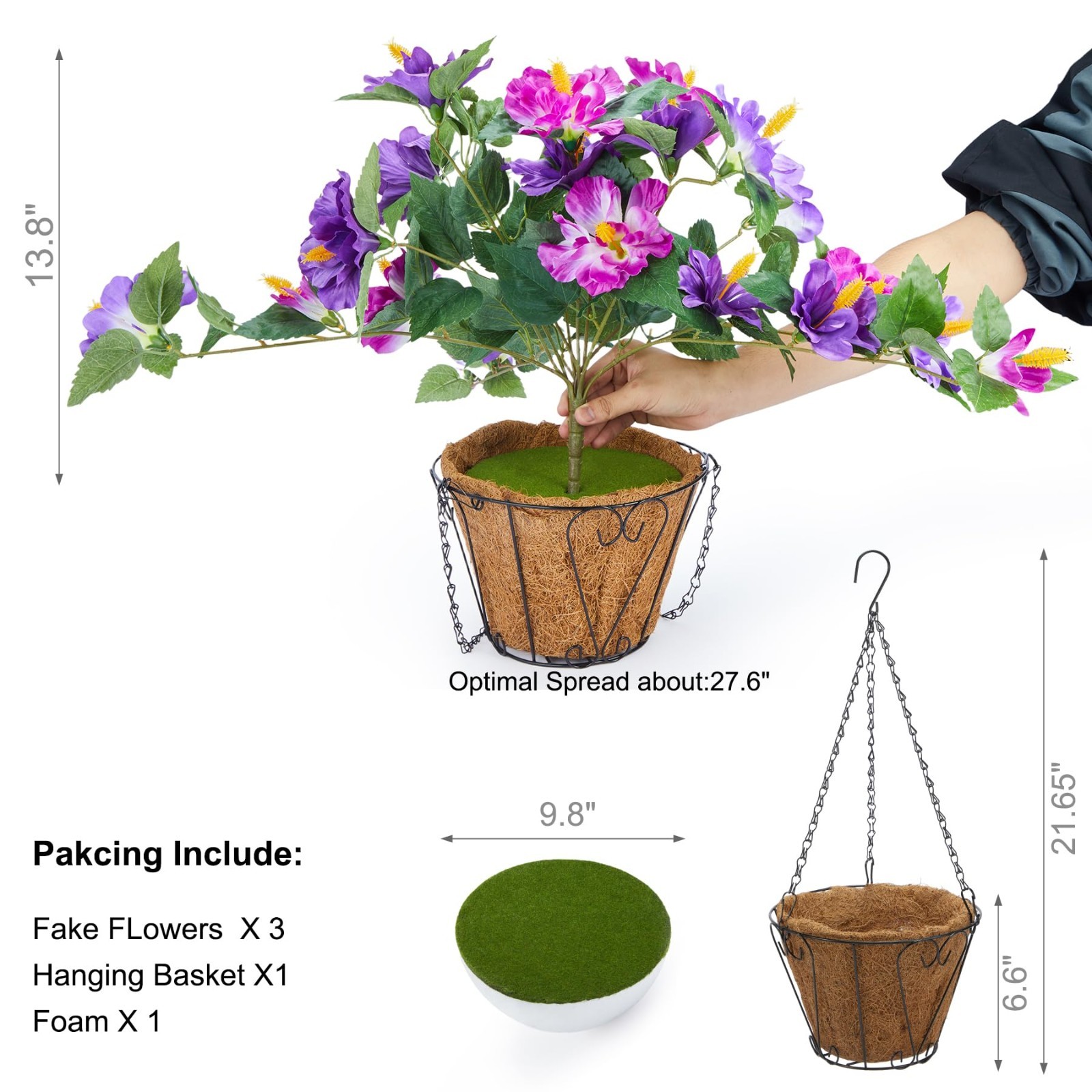 Realistic UV Resistant Fake Hibiscus Flowers – 3 Bunches with Hanging Basket for