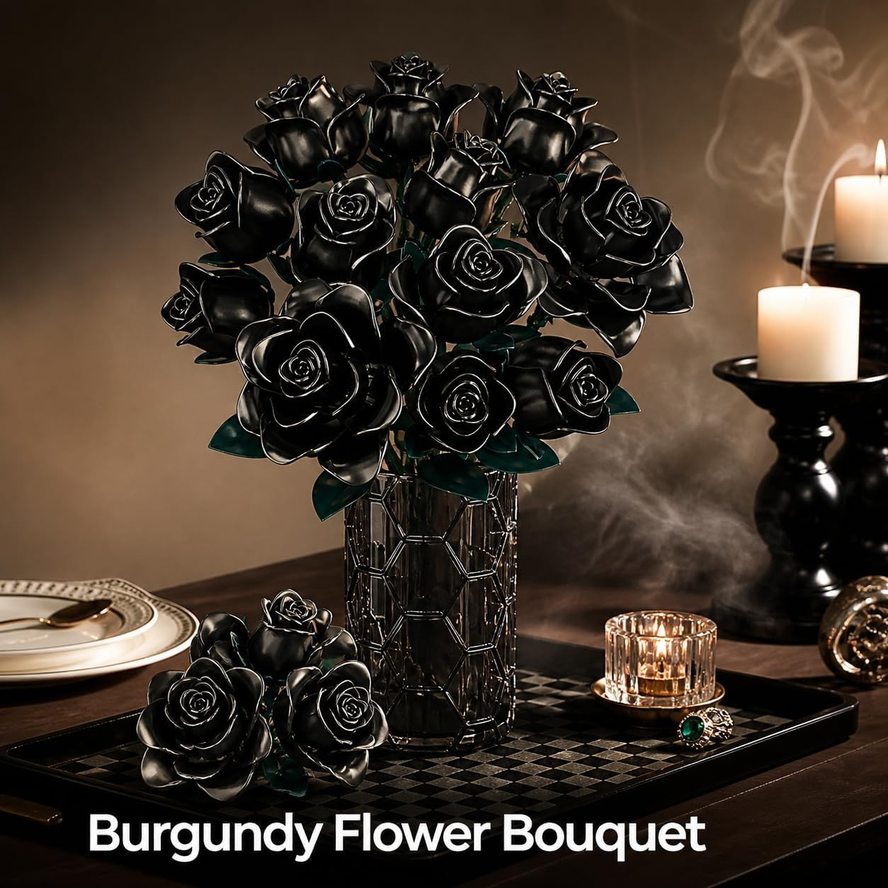 Black Roses Bouquet Building Set, 634Pcs Artificial Rose DIY Floral Home Office