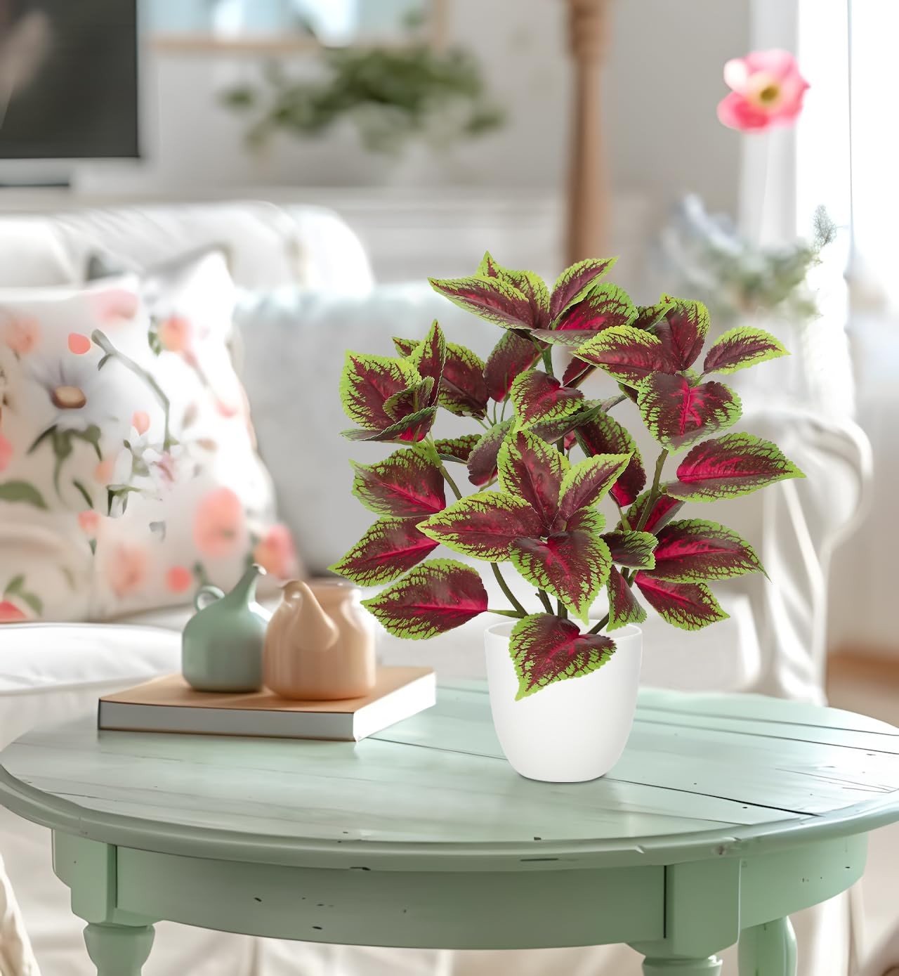 Artificial Plants Indoor 14.2″ Small Fake Perilla Plant in Pot Potted Plants …