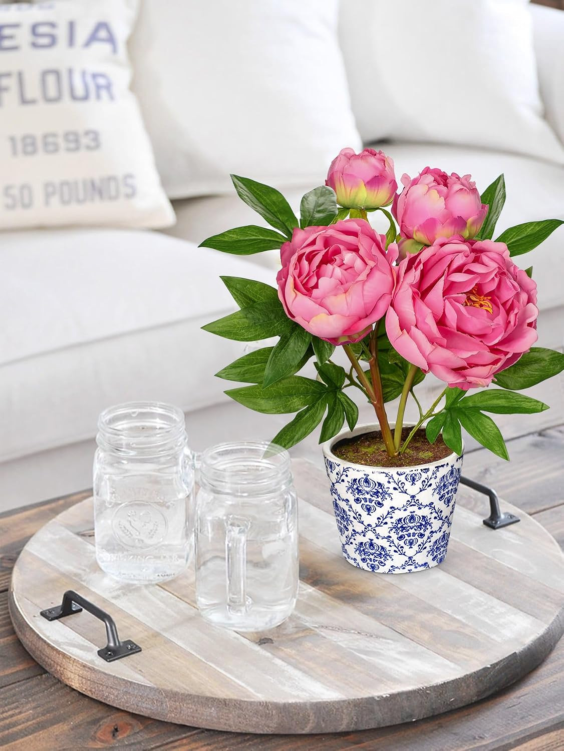 Realistic Faux Peony Flowers in Blue & White Pot – 13.8″ Home Decor
