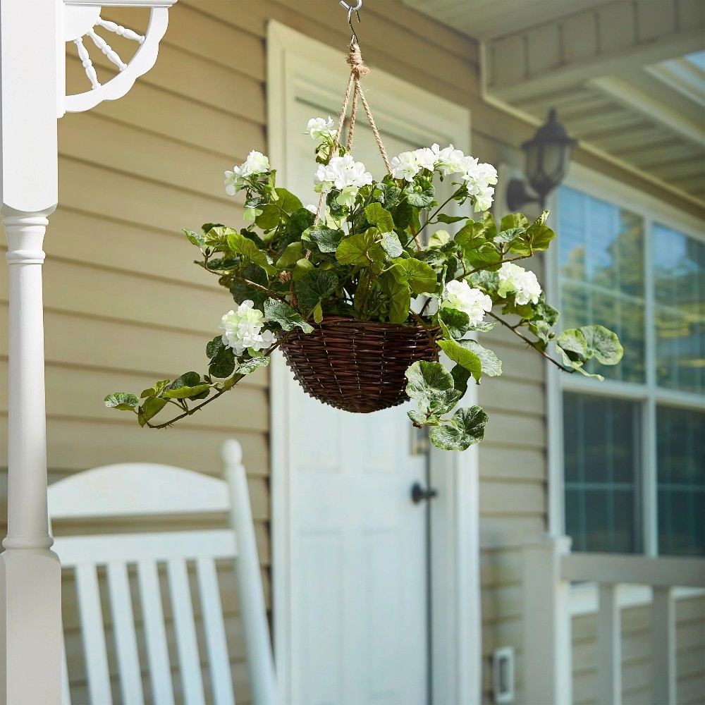 White Geranium Faux Flowers Hanging Basket,Natural & Lifelike Floral Arrangement