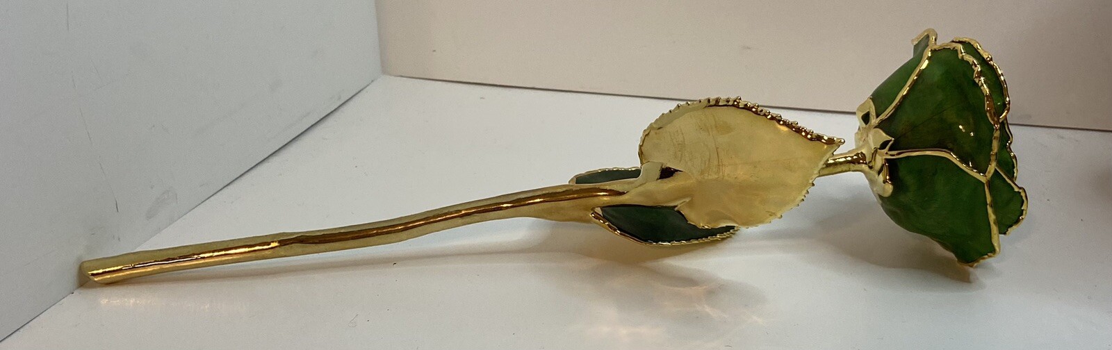 11″ EMERALD GREEN, GOLD DIPPED ROSE, ENAMELED AND DIPPED. LONG STEM ROSE. VGC