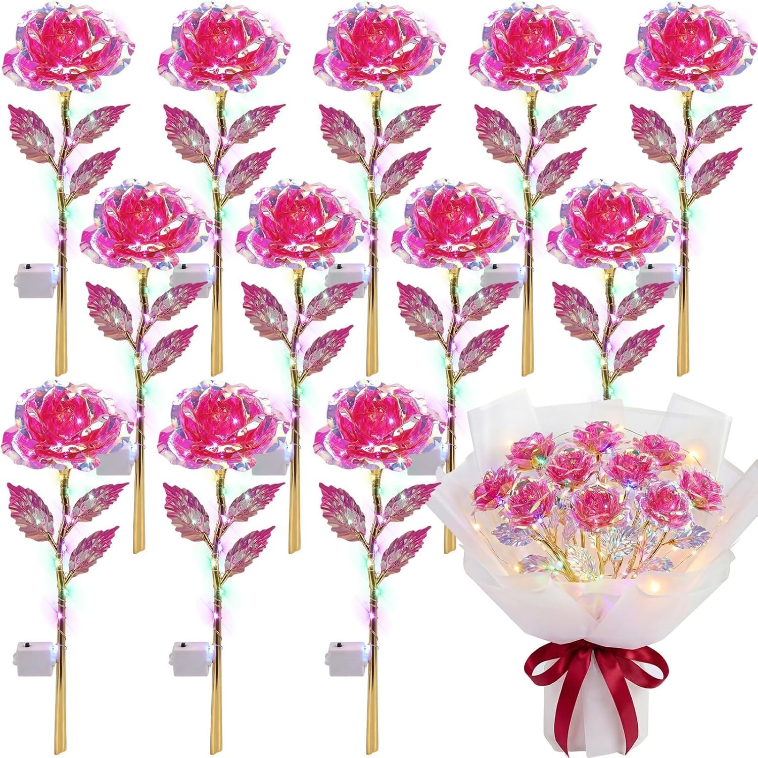 Lyrow 6 Pcs Valentines Galaxy Rose LED Light up Rose Flower Gifts Crystal Artifi