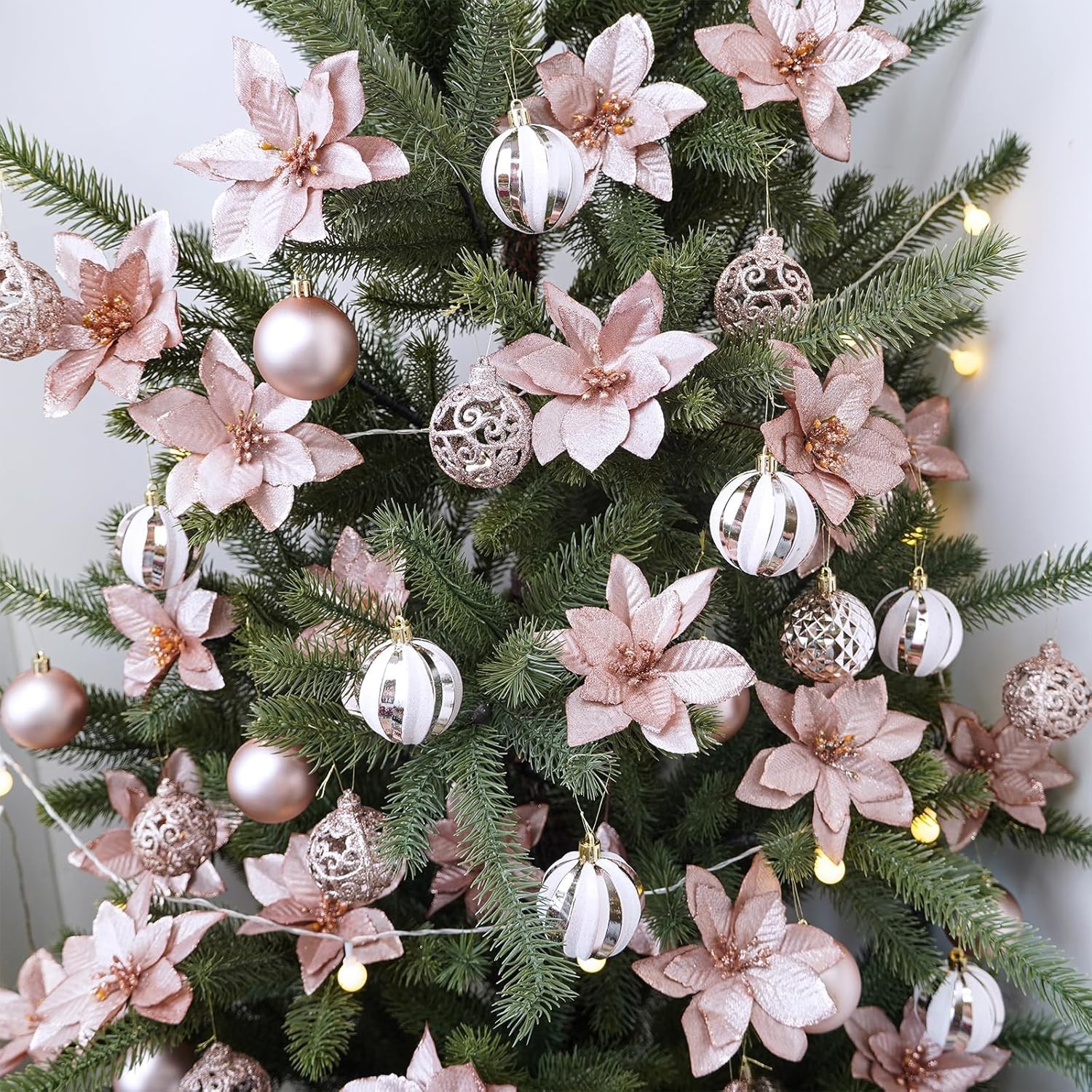24 Pcs Christmas Glittered Poinsettia Floral Picks Rose Gold Artificial Silk Poi