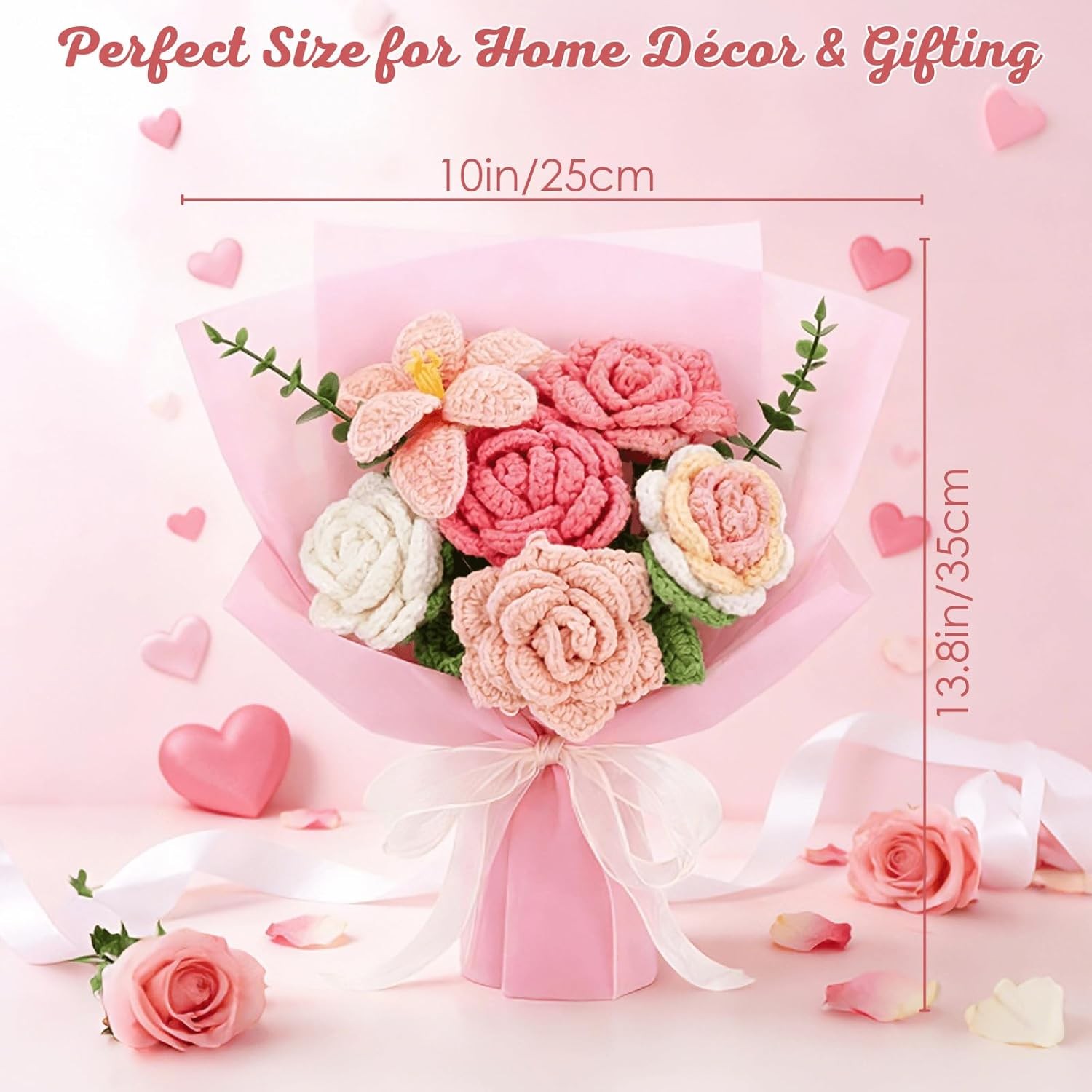 Youeon Pink Crochet Flower Bouquet, Handmade Knitted Yarn Rose Flowers with Gift
