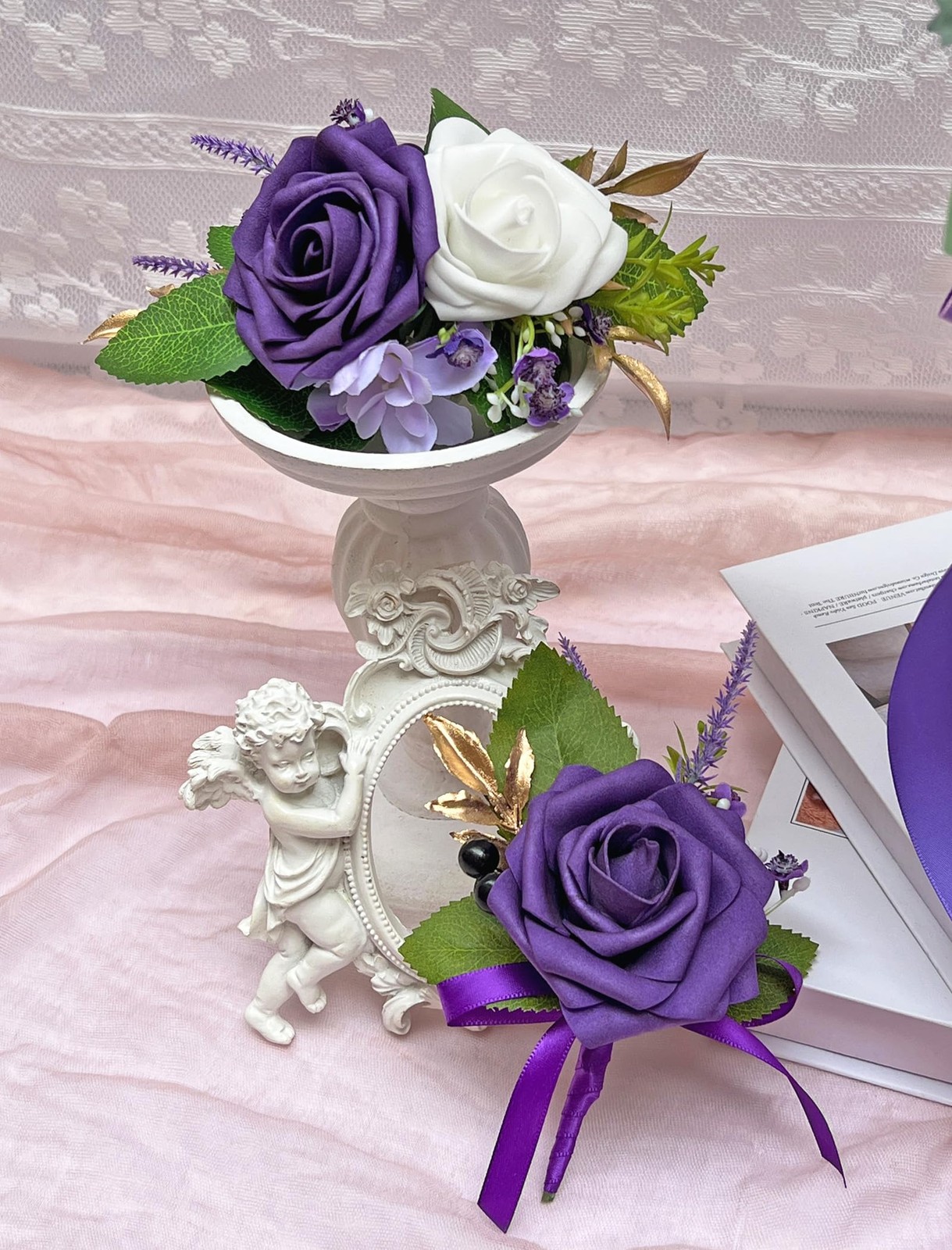 2Pcs Dark Purple Corsage and Boutonniere Set,Artificial Foam Rose,Groom Bouto…