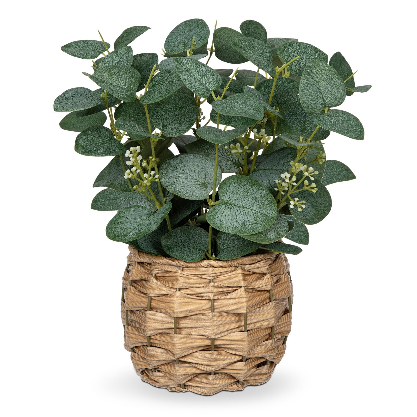 Artificial Eucalyptus Stems in Woven Basket Planter, 11″ Fake Plant Eucalyptu…