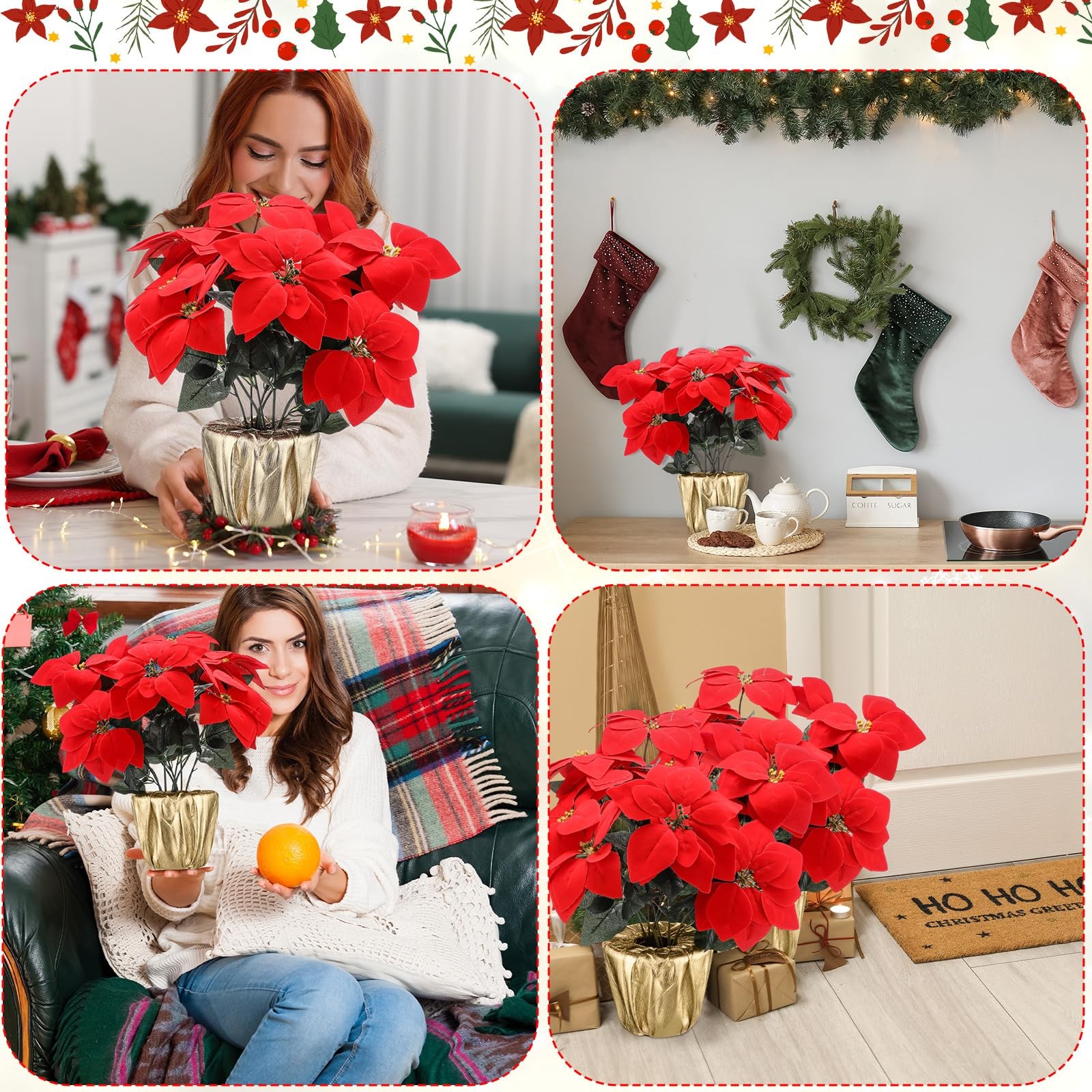 2 Sets 18.5″ Christmas Poinsettia Artificial Flowers Potted with Gold Pot Bag…