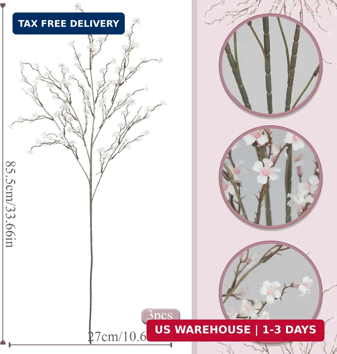 3 Pcs Cherry Blossom Branches Artificial Flowers for Spring Summer Indoor Decora