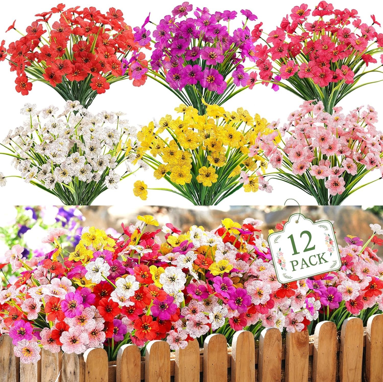 Maintenance-Free Faux Plastic Flowers – 12 Bundles for Indoor & Outdoor Elegance