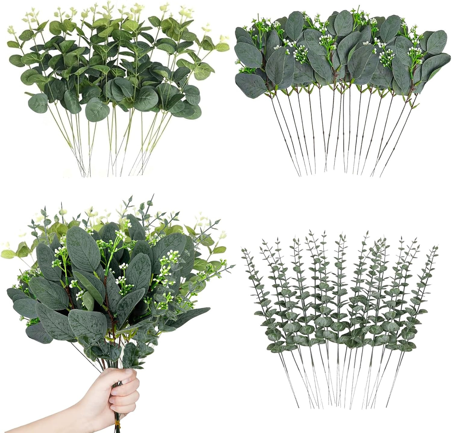 60 Pcs 3 Kinds Mixed Artificial Eucalyptus Leaves Stems, Fake Silver Dollar Euca