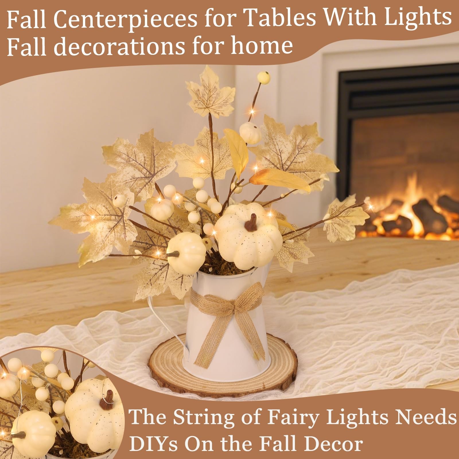 [Light & Timer] Fall Decor Table Centerpiece Potted White Maple Arrangement i…