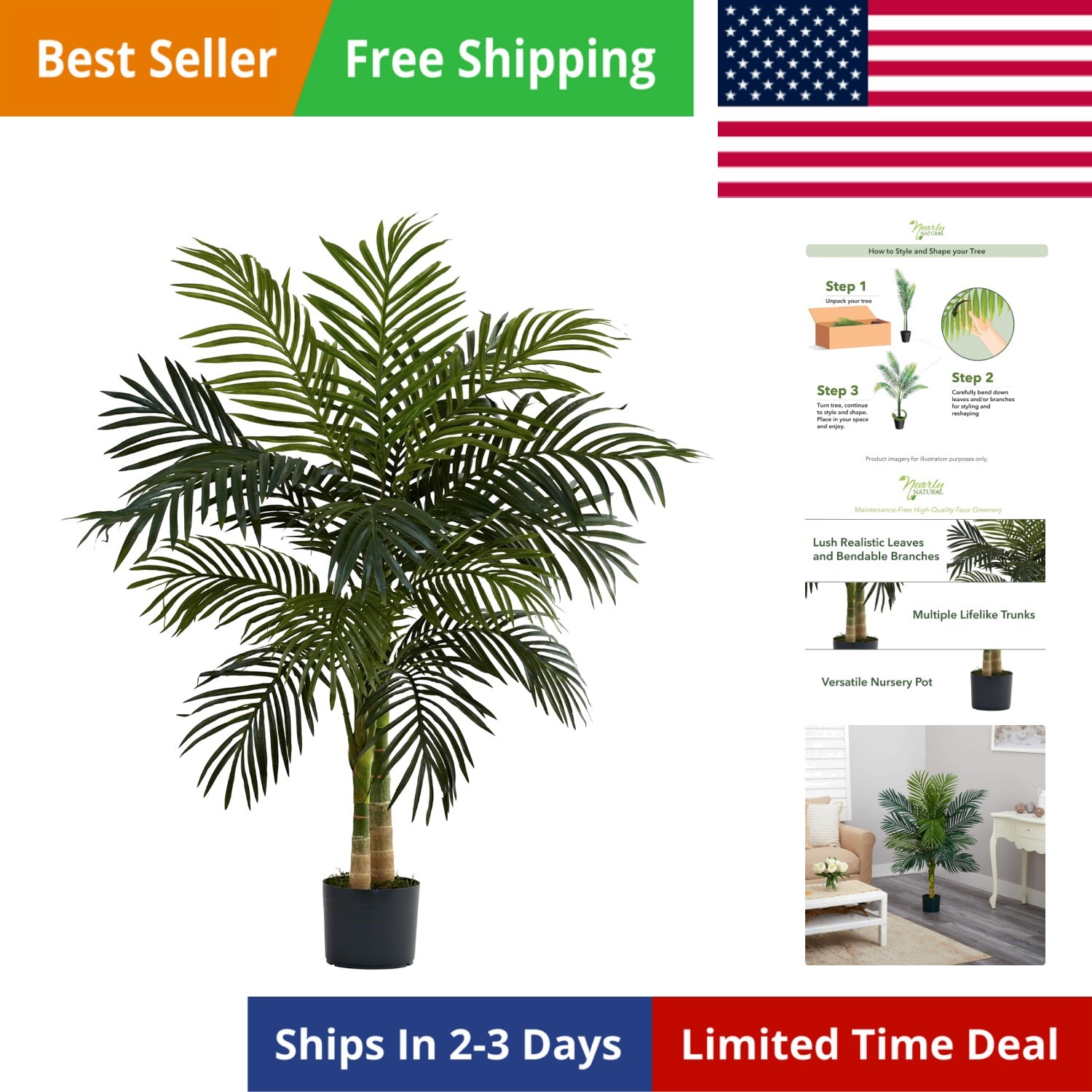 4ft Golden Cane Palm, Double Stalk Artificial Tree With Lush Realistic Foliag…